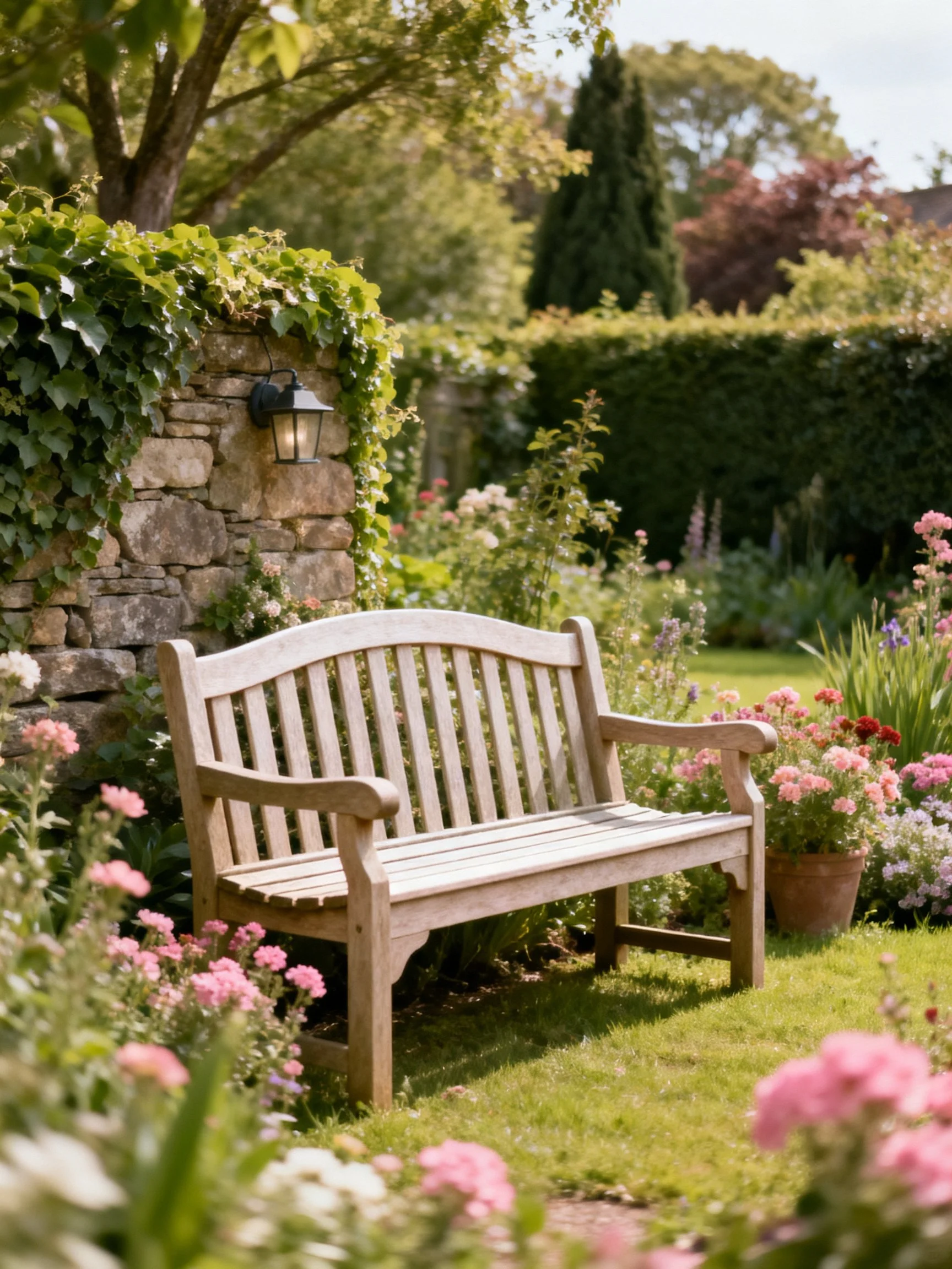 A wooden bench next to a stone wall in a flower-rich garden