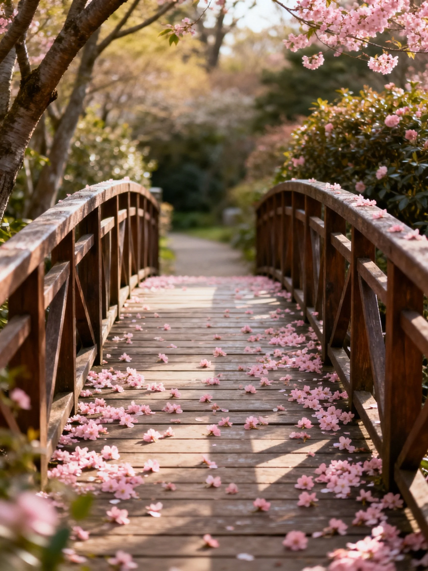 A wooden bridge blanketed with pink cherry blossom petals