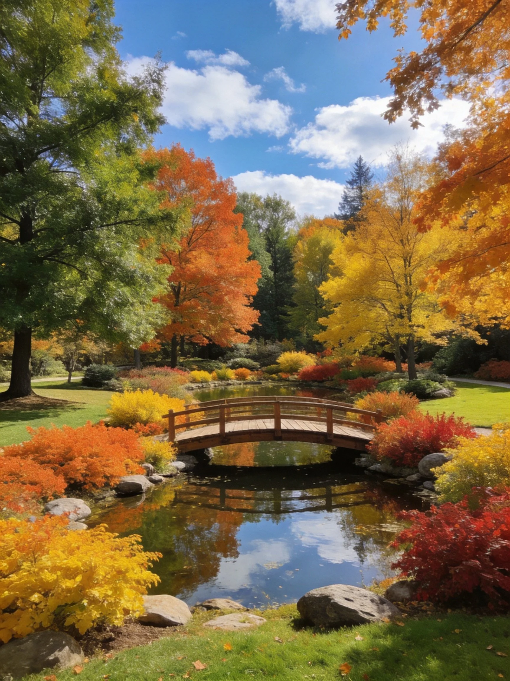 A wooden bridge spans a calm pond amid vibrant fall foliage