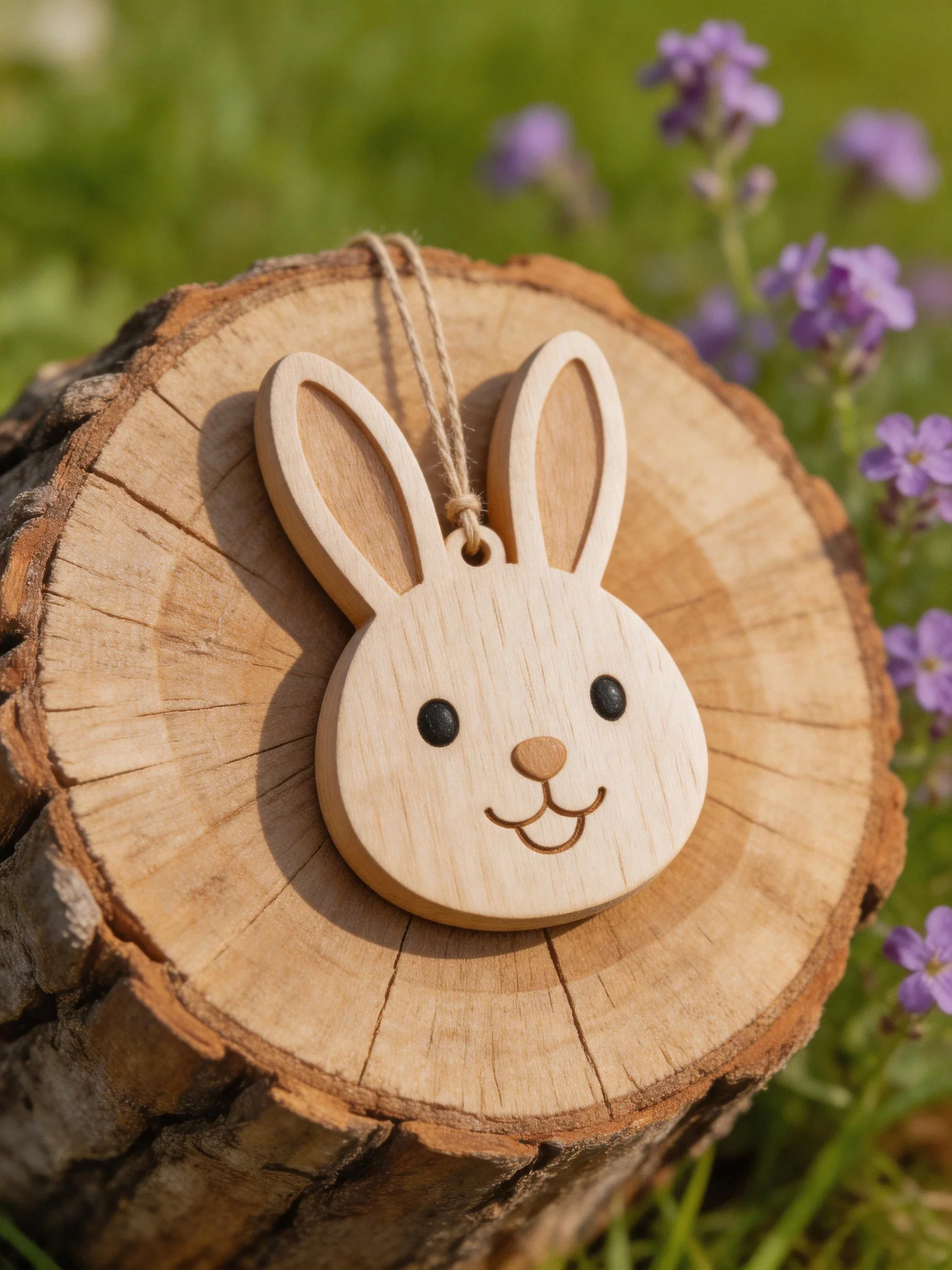 A wooden bunny ornament hangs on a tree stump near purple flowers