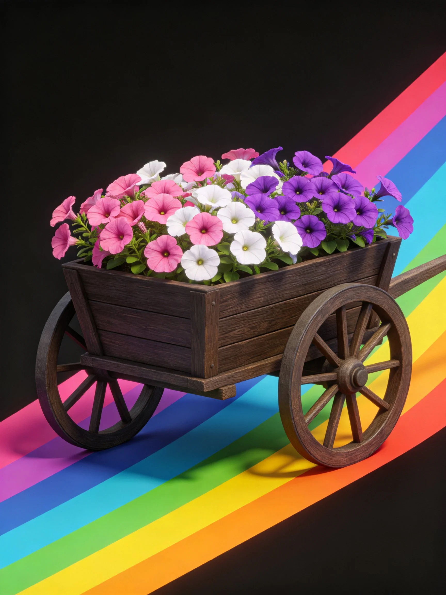 A wooden cart overflowing with pink, white, and purple flowers on a rainbow striped path