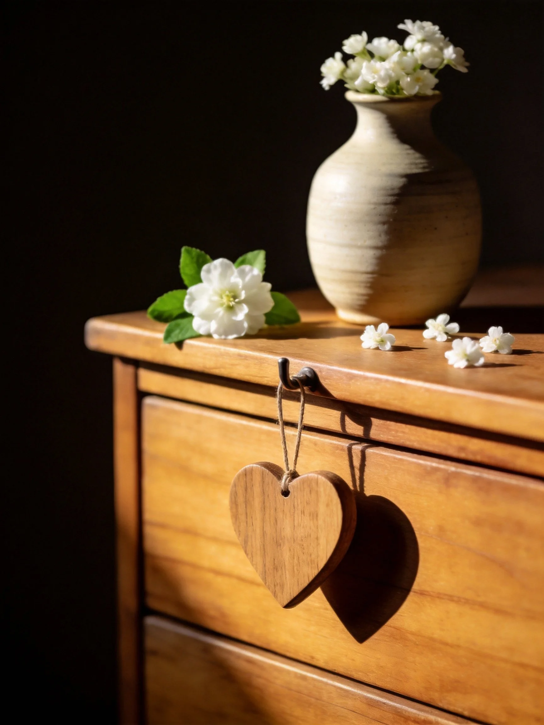 A wooden dresser holds a beige vase, white flowers, and a hanging heart.