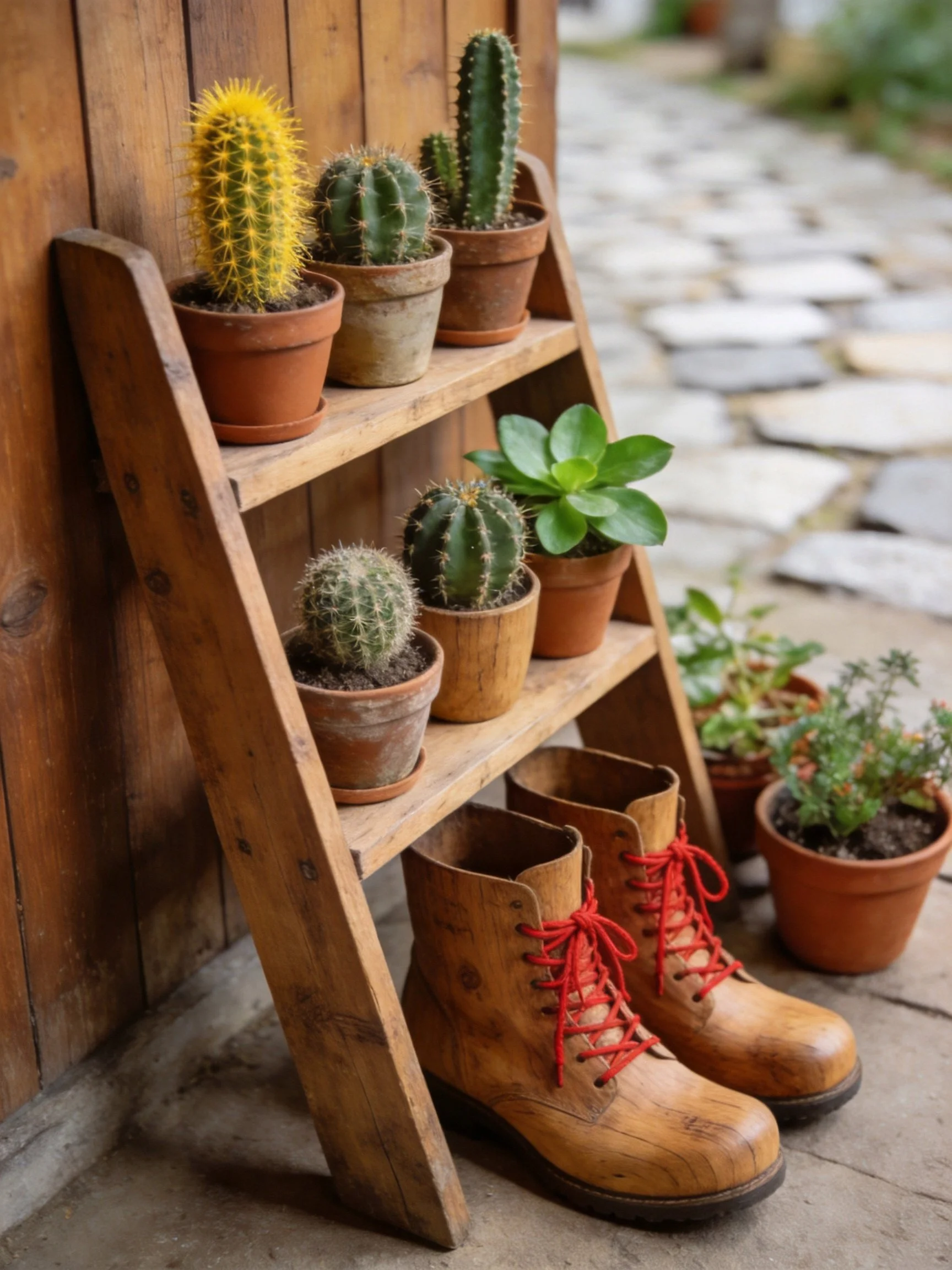 A wooden ladder holds six potted plants and two brown boots with red laces