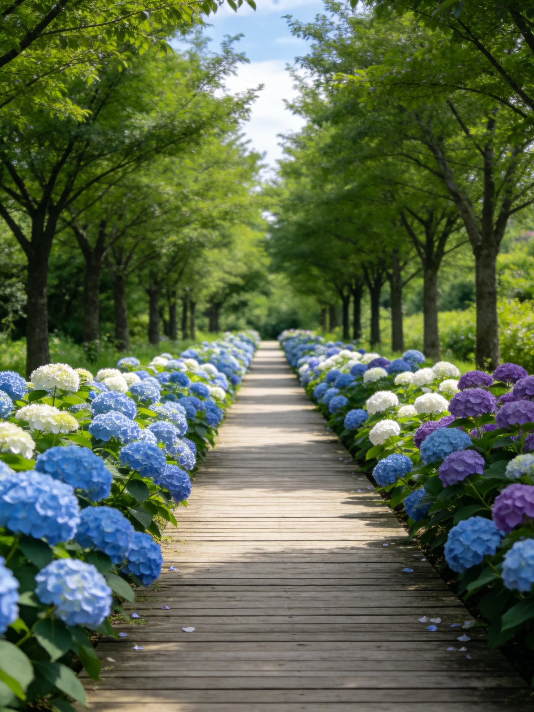 A wooden pathway lined with blue, white, and purple hydrangeas between green trees