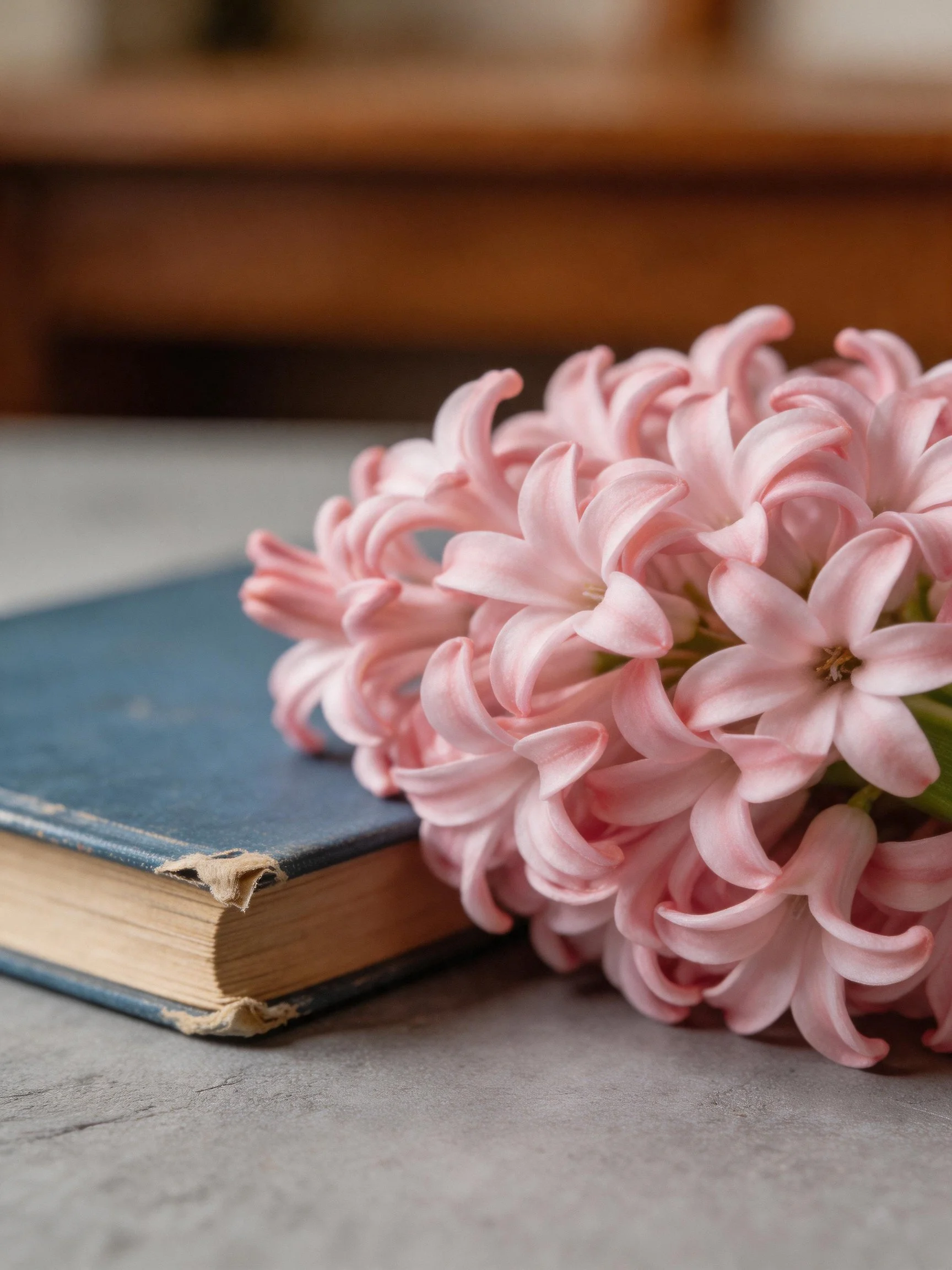 A worn blue book beside soft pink hyacinth blooms