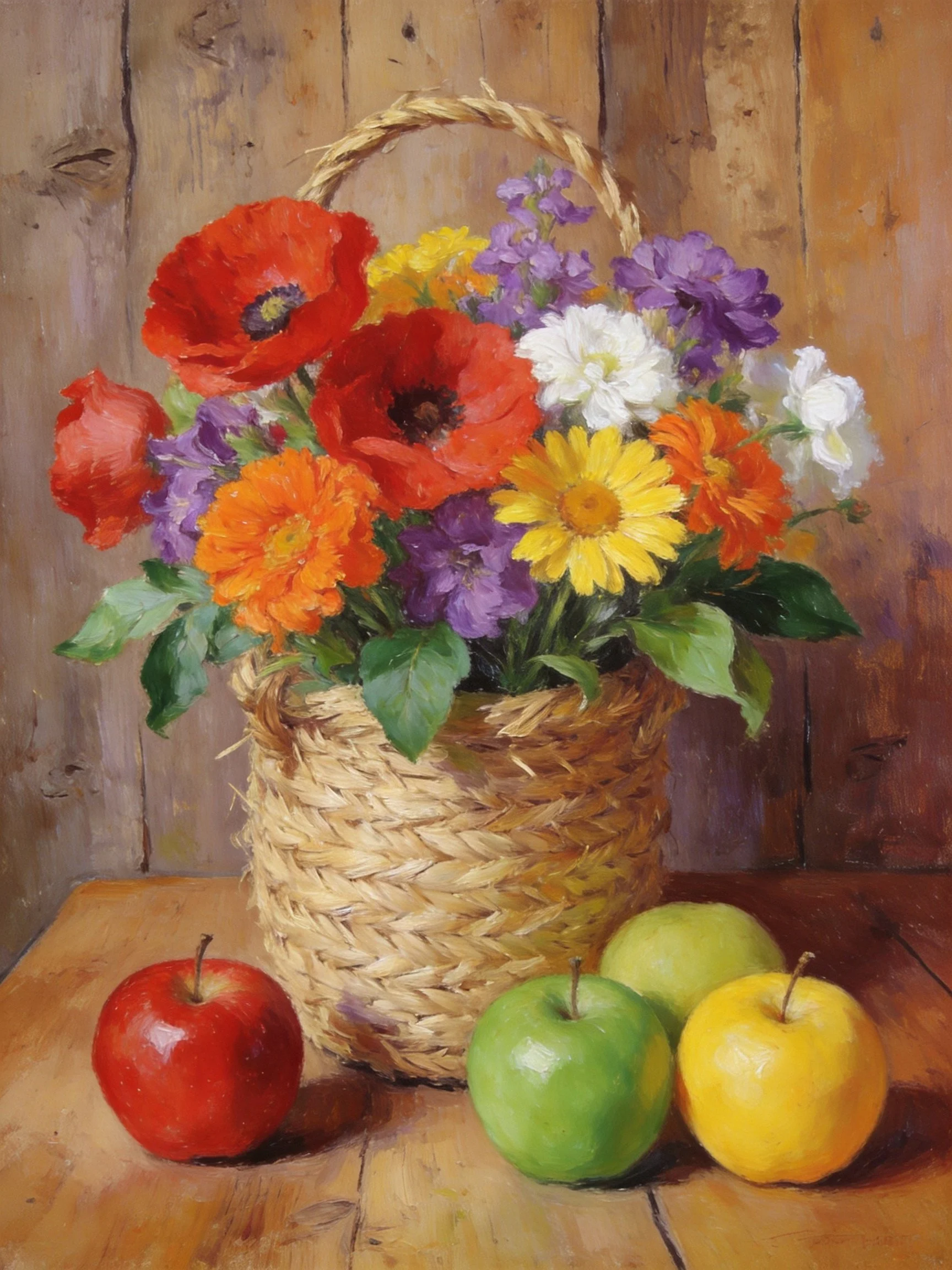 A woven basket brimming with colorful blooms next to assorted apples