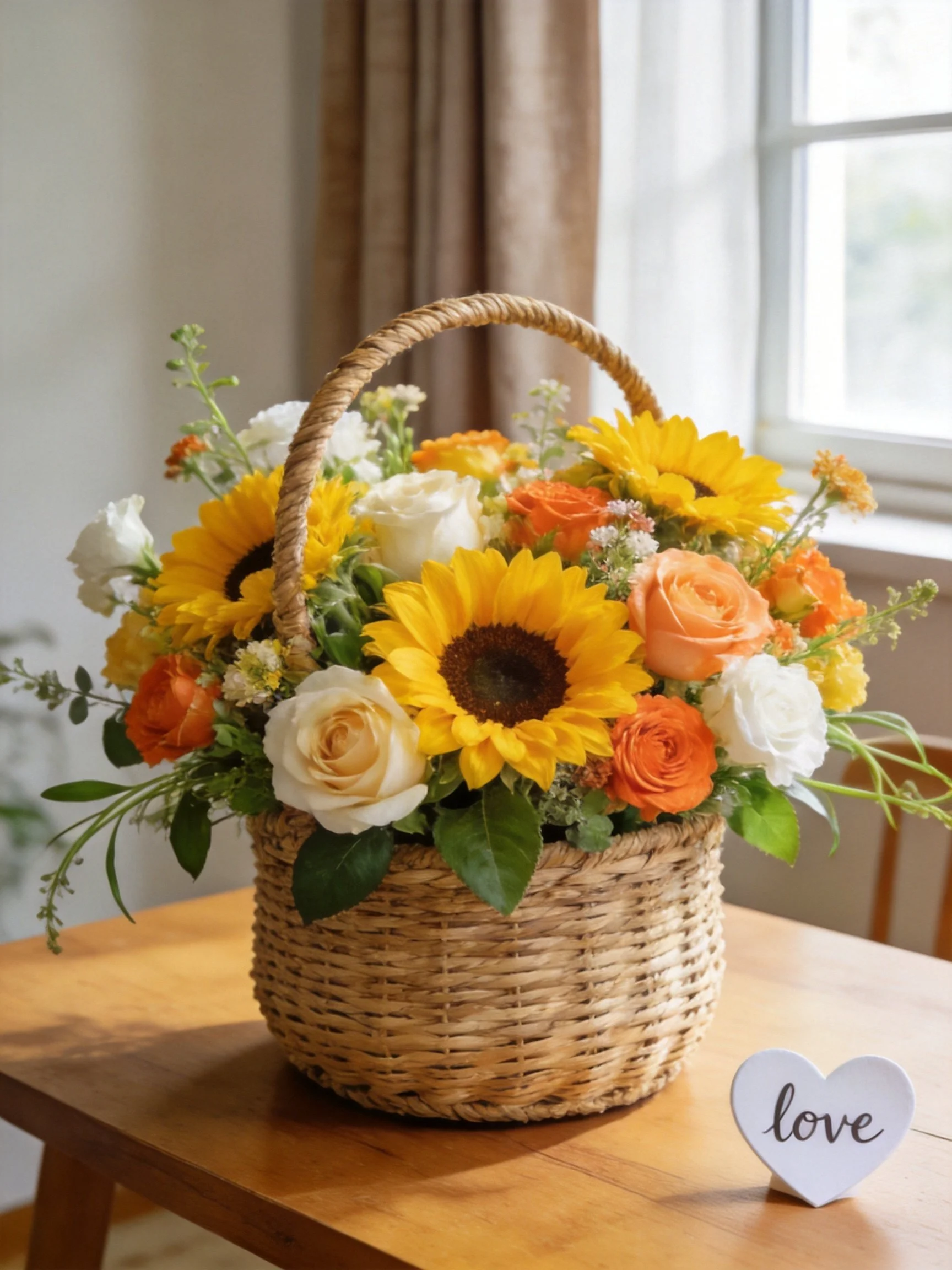 A woven basket filled with vibrant sunflowers and roses near a window