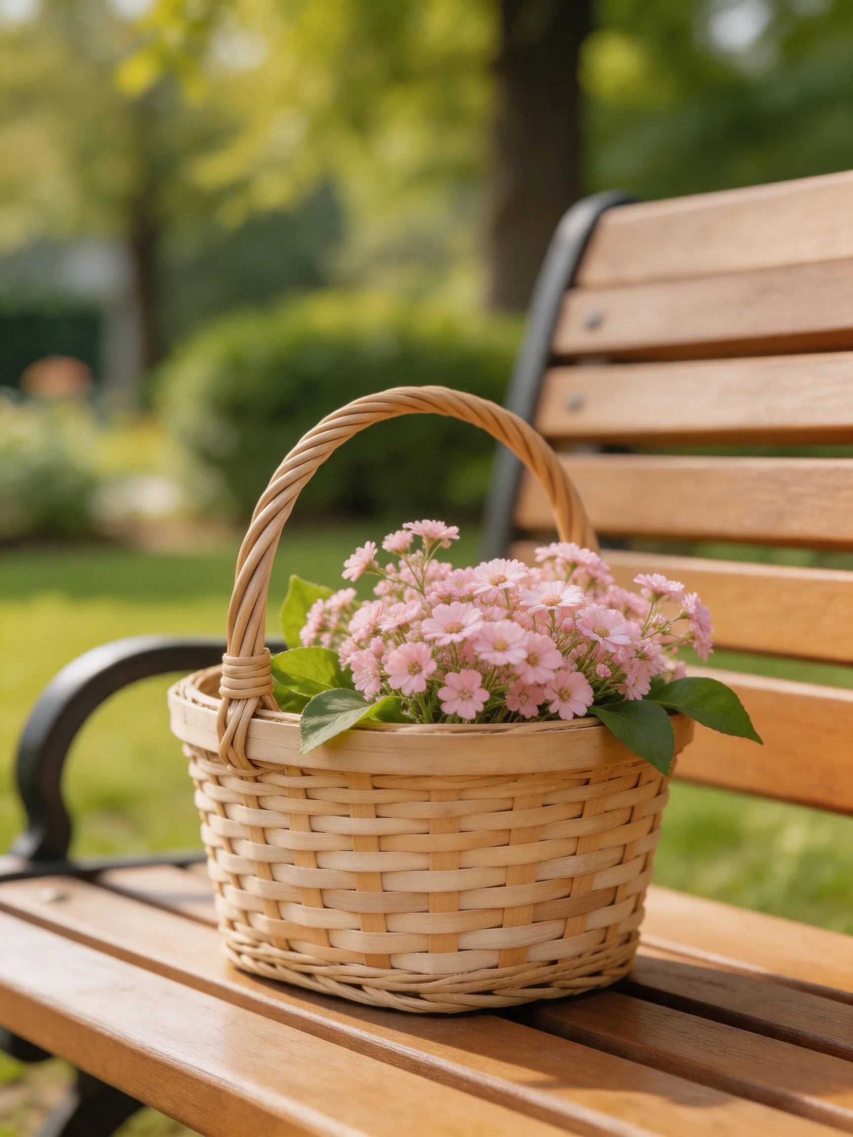 A woven basket holds pink flowers on a wooden park bench