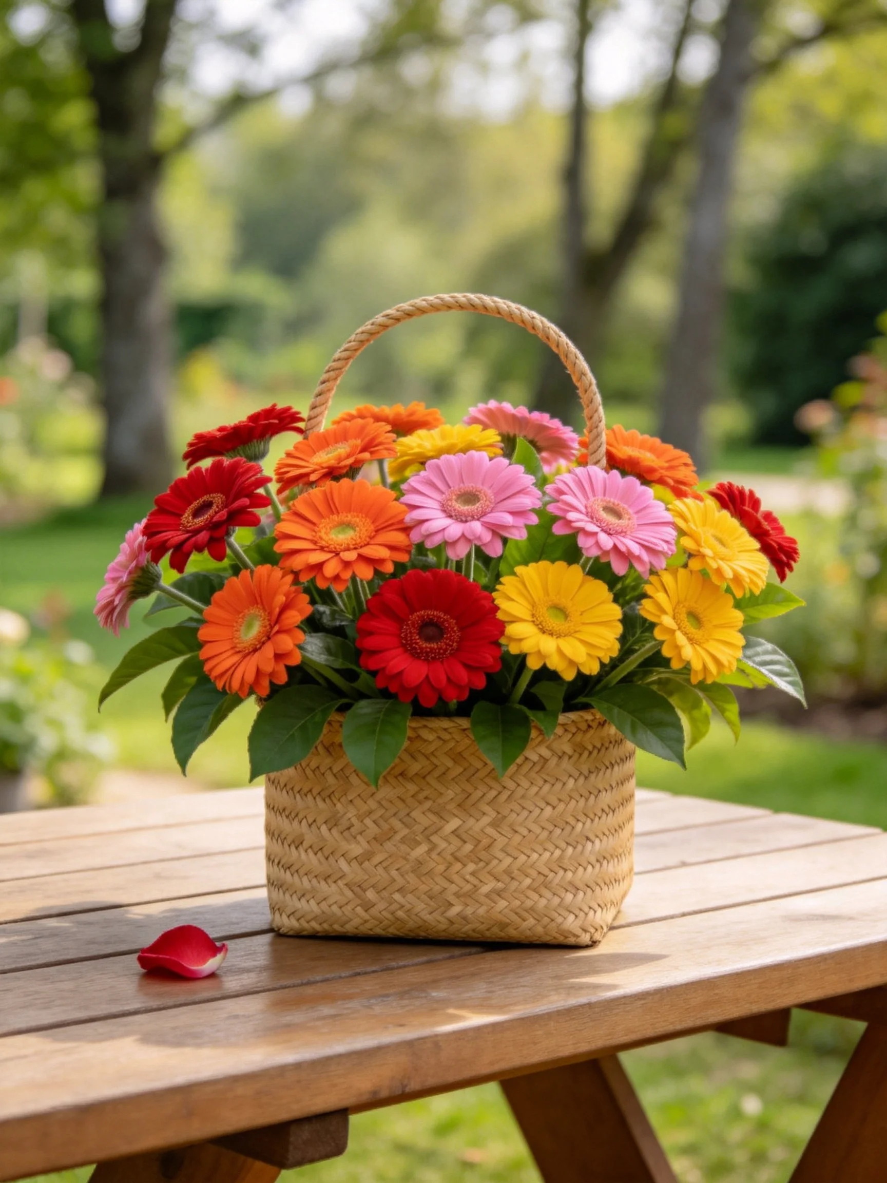 A woven basket holds vibrant mixed gerbera daisies on a wooden table