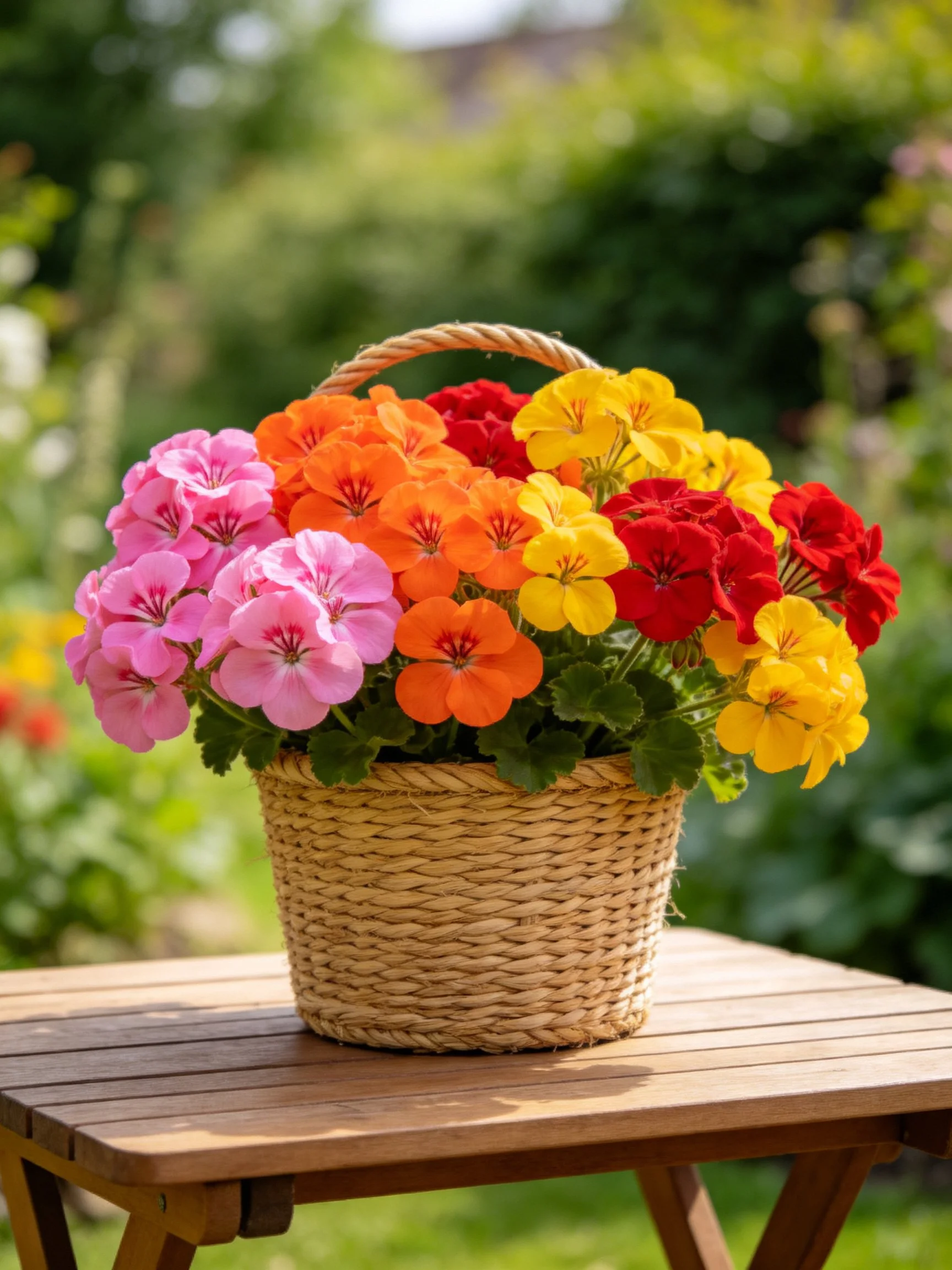 A woven basket holds vibrant pink, orange, yellow, and red flowers