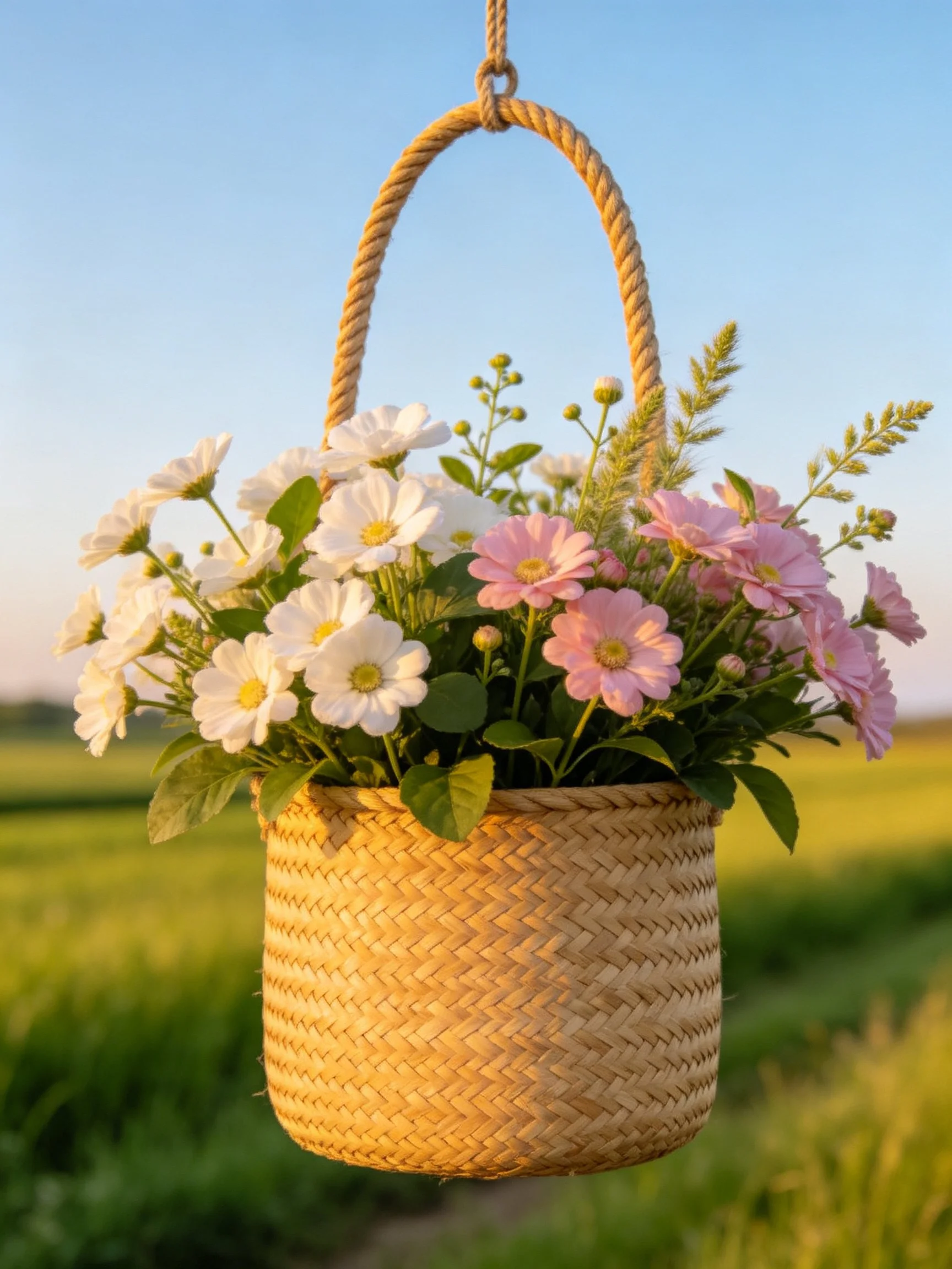 A woven straw basket holds white and pink flowers suspended outdoors