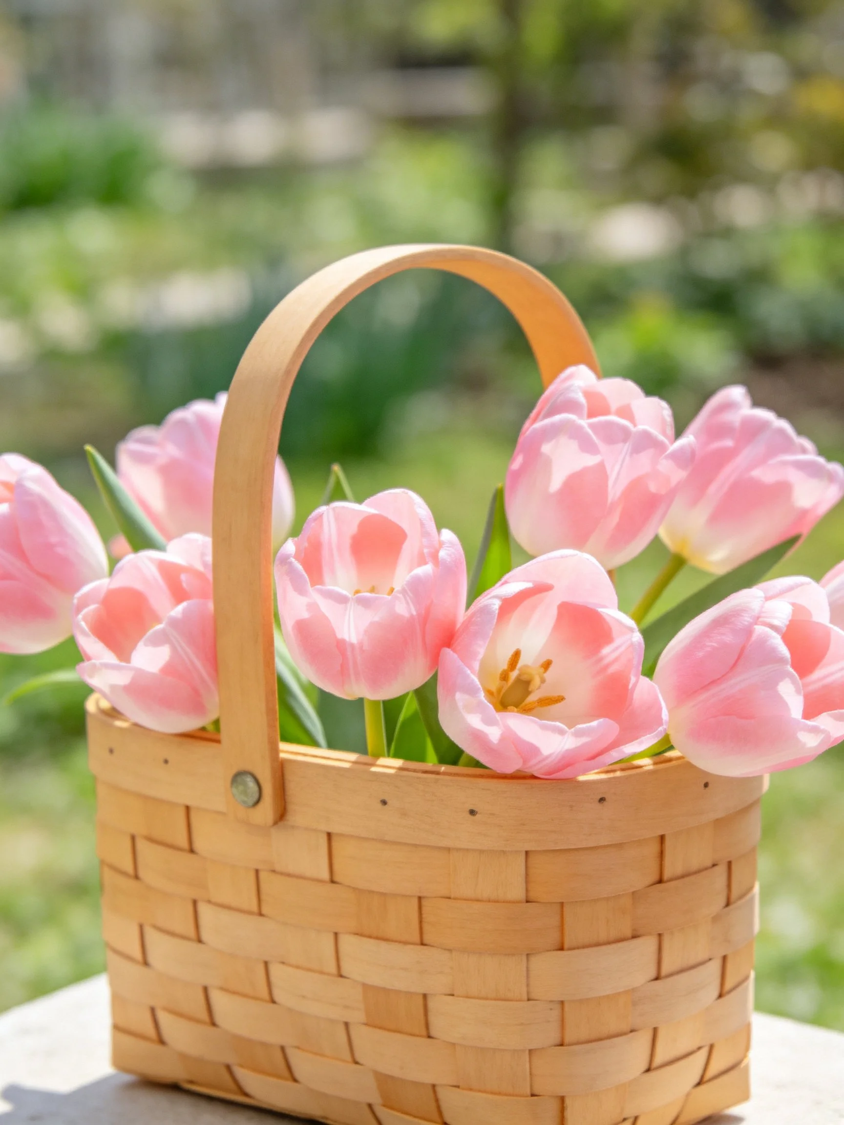 A woven wooden basket holds several pink tulips outdoors