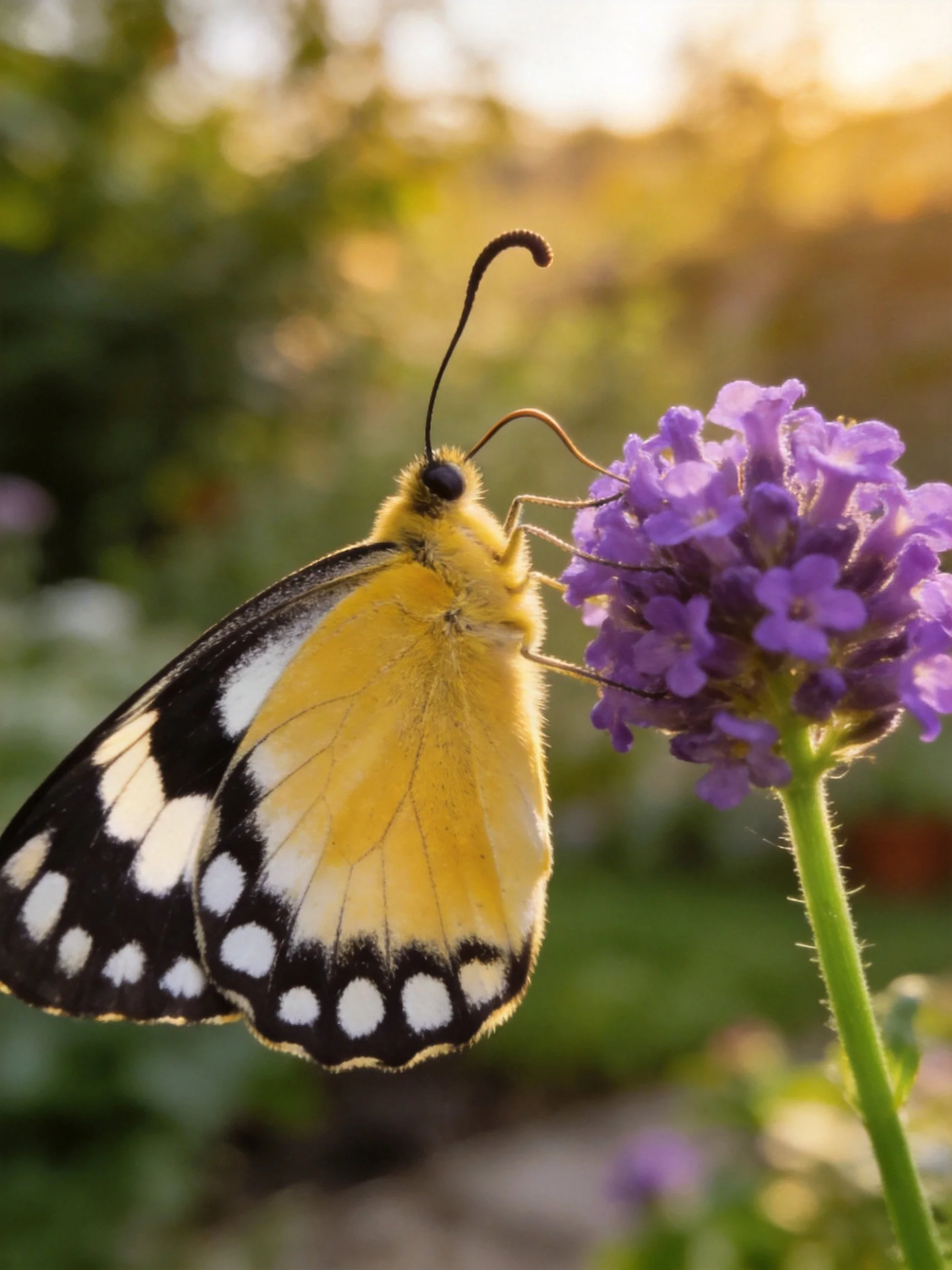 A yellow-and-black butterfly on vibrant purple flowers