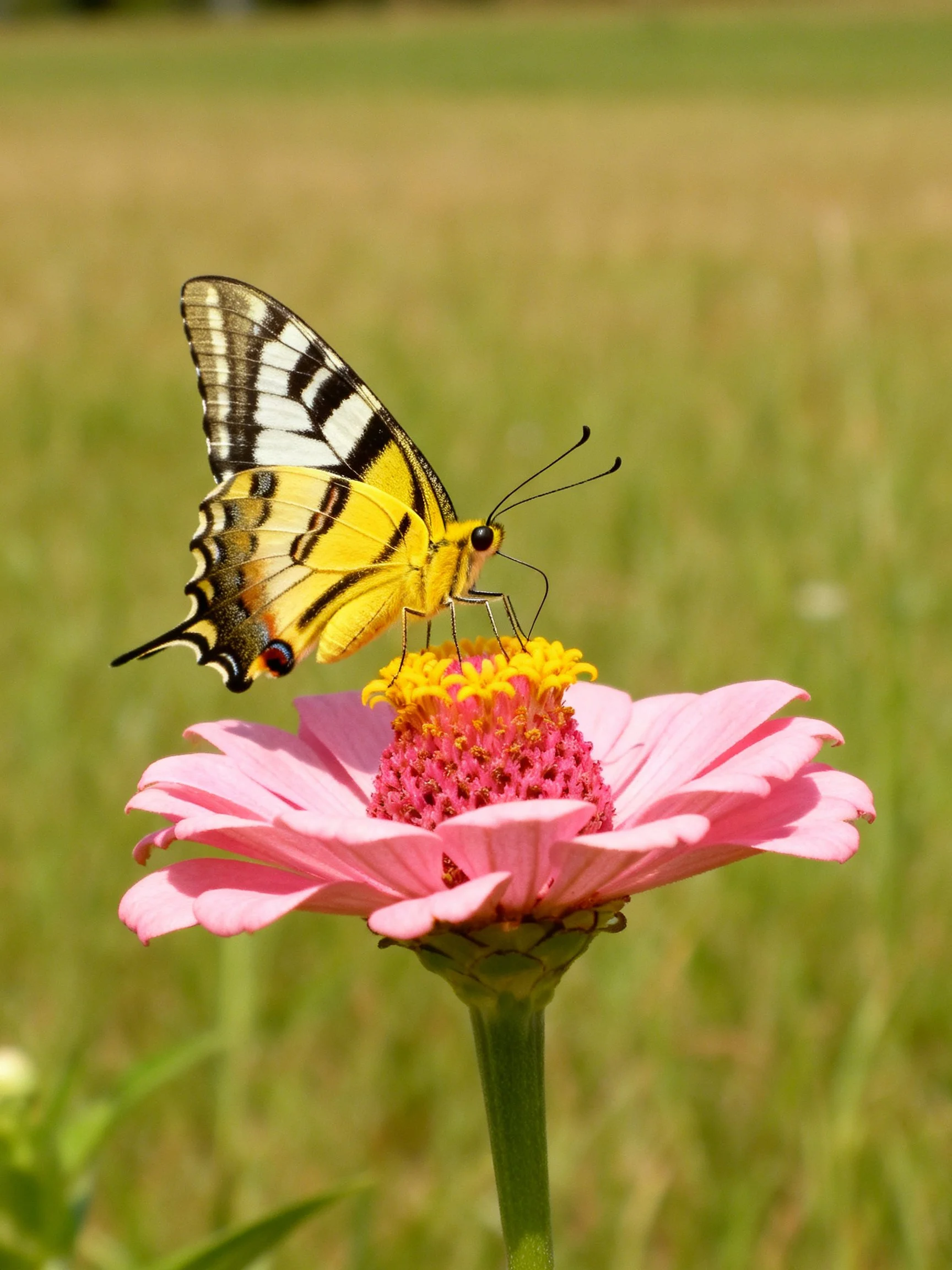 A yellow and black butterfly perches on a pink zinnia flower
