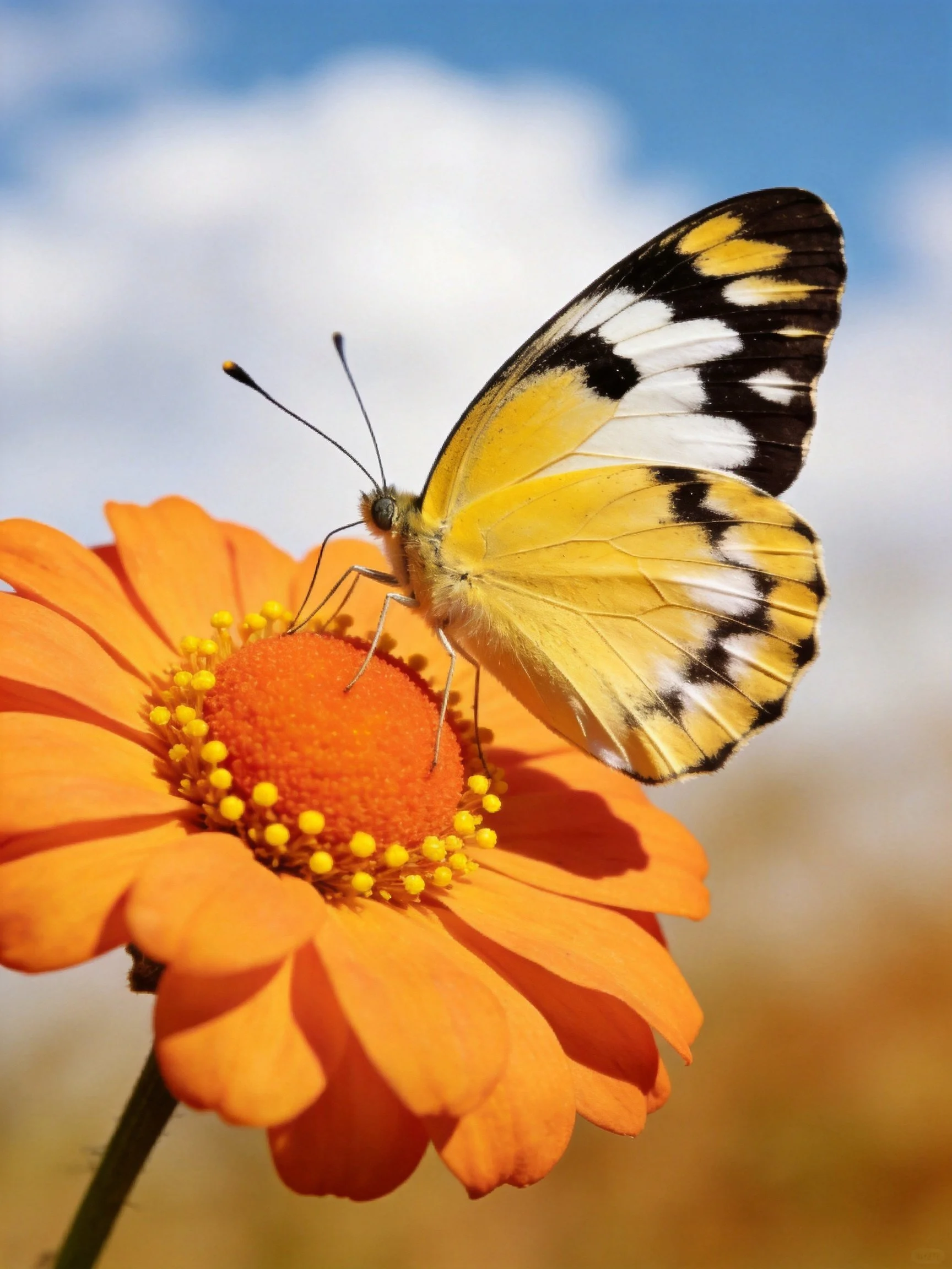A yellow and black butterfly perches on an orange flower