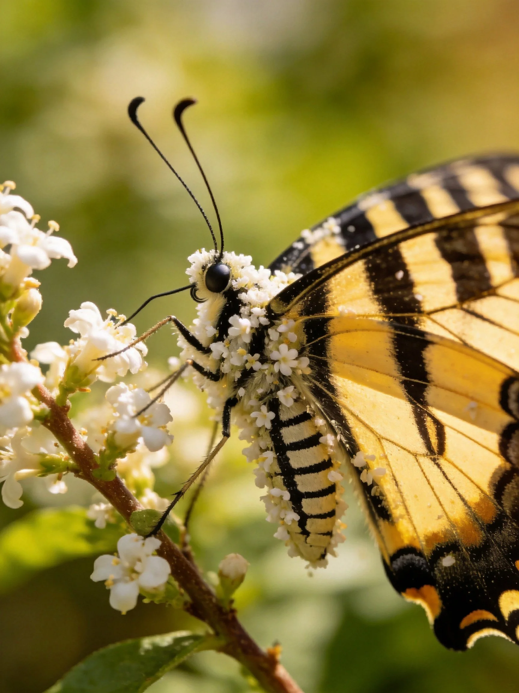 A yellow and black striped butterfly perched on small white blooms