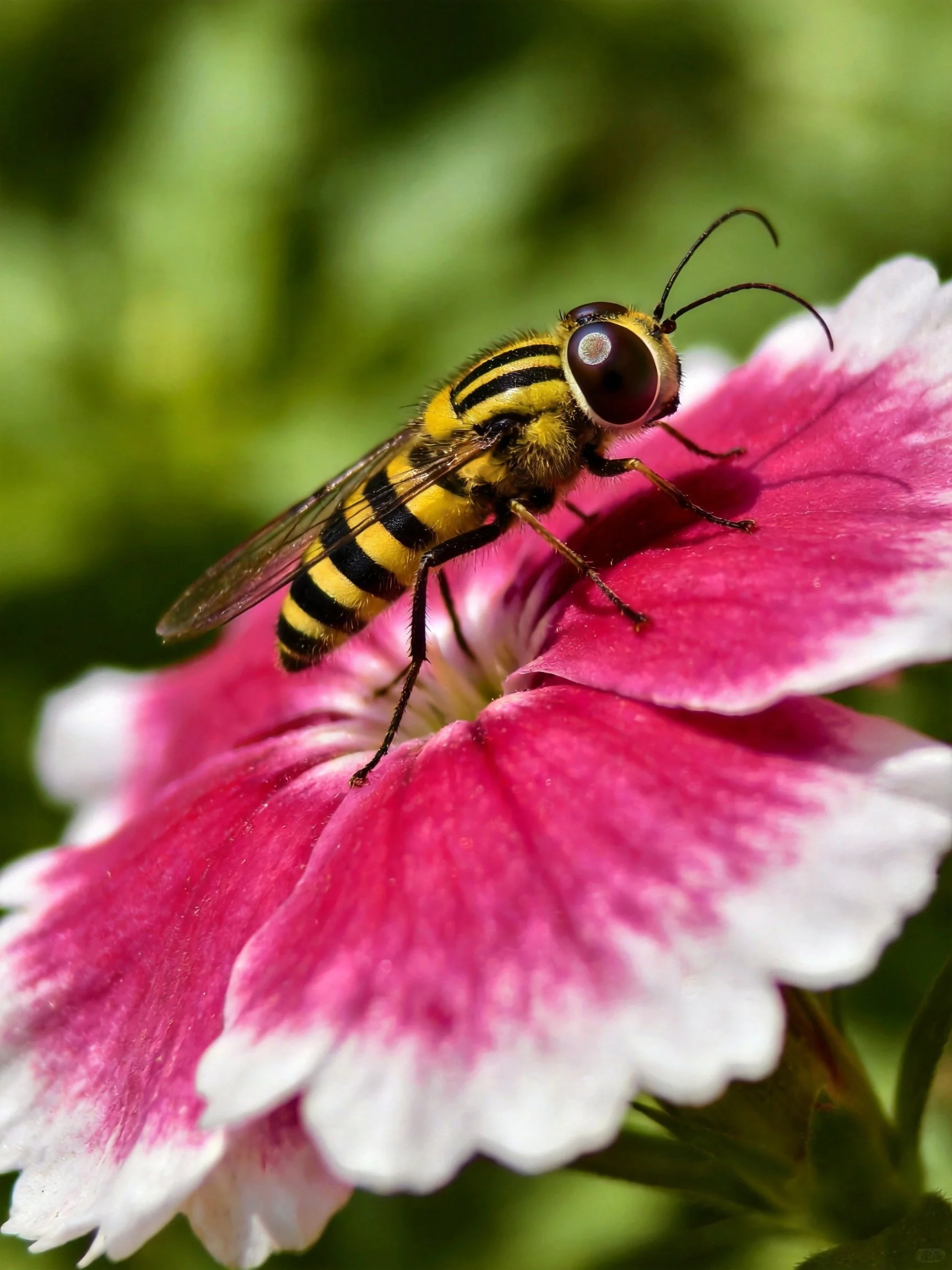 A yellow and black striped insect on a pink and white flower