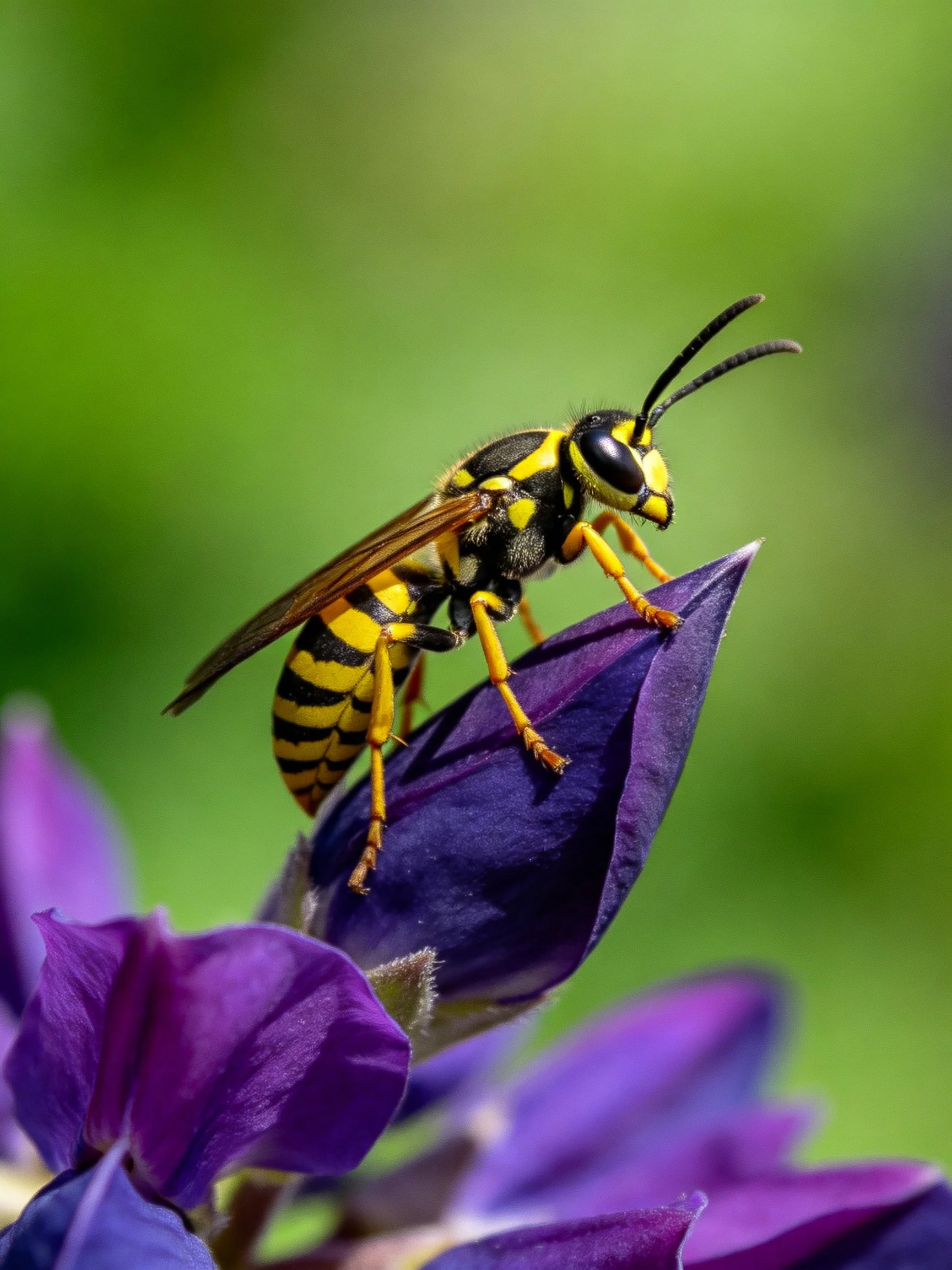 A yellow and black striped wasp perches on vibrant purple petals