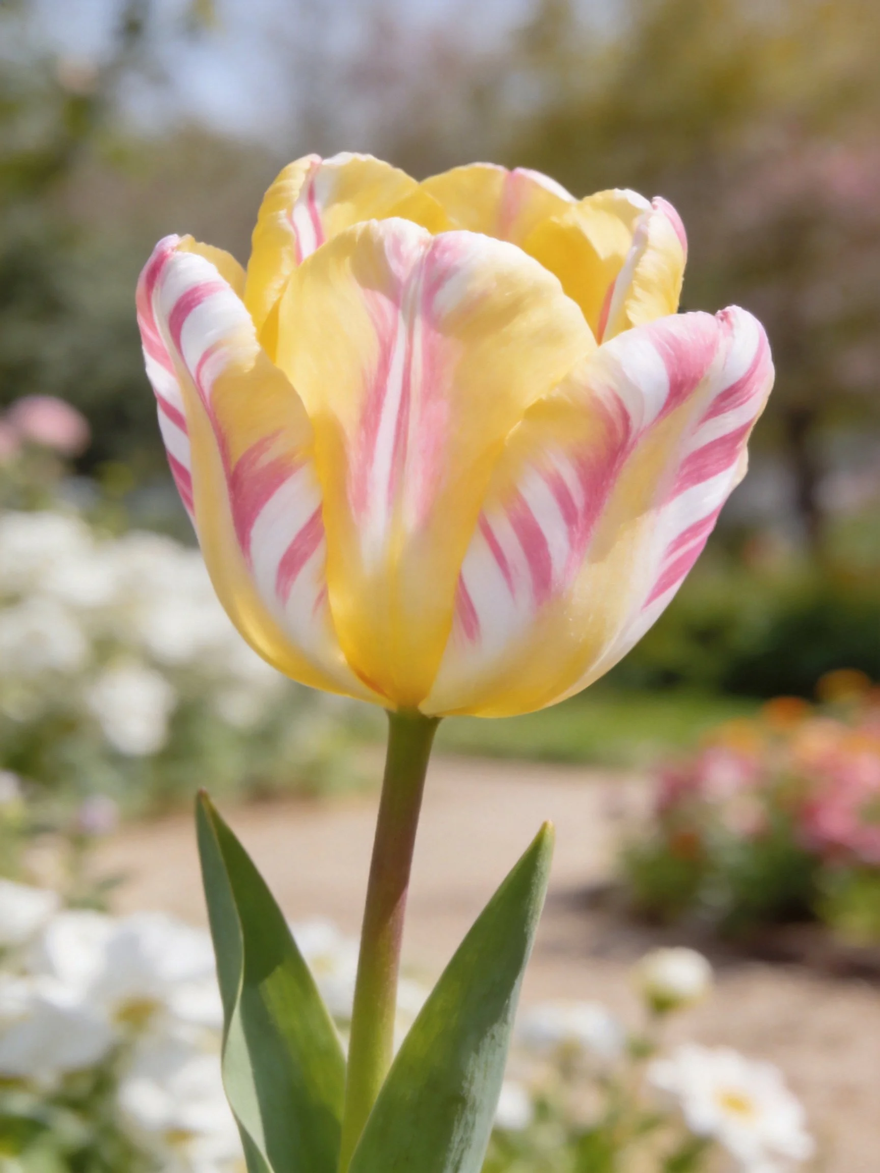 A yellow and pink variegated tulip in a garden