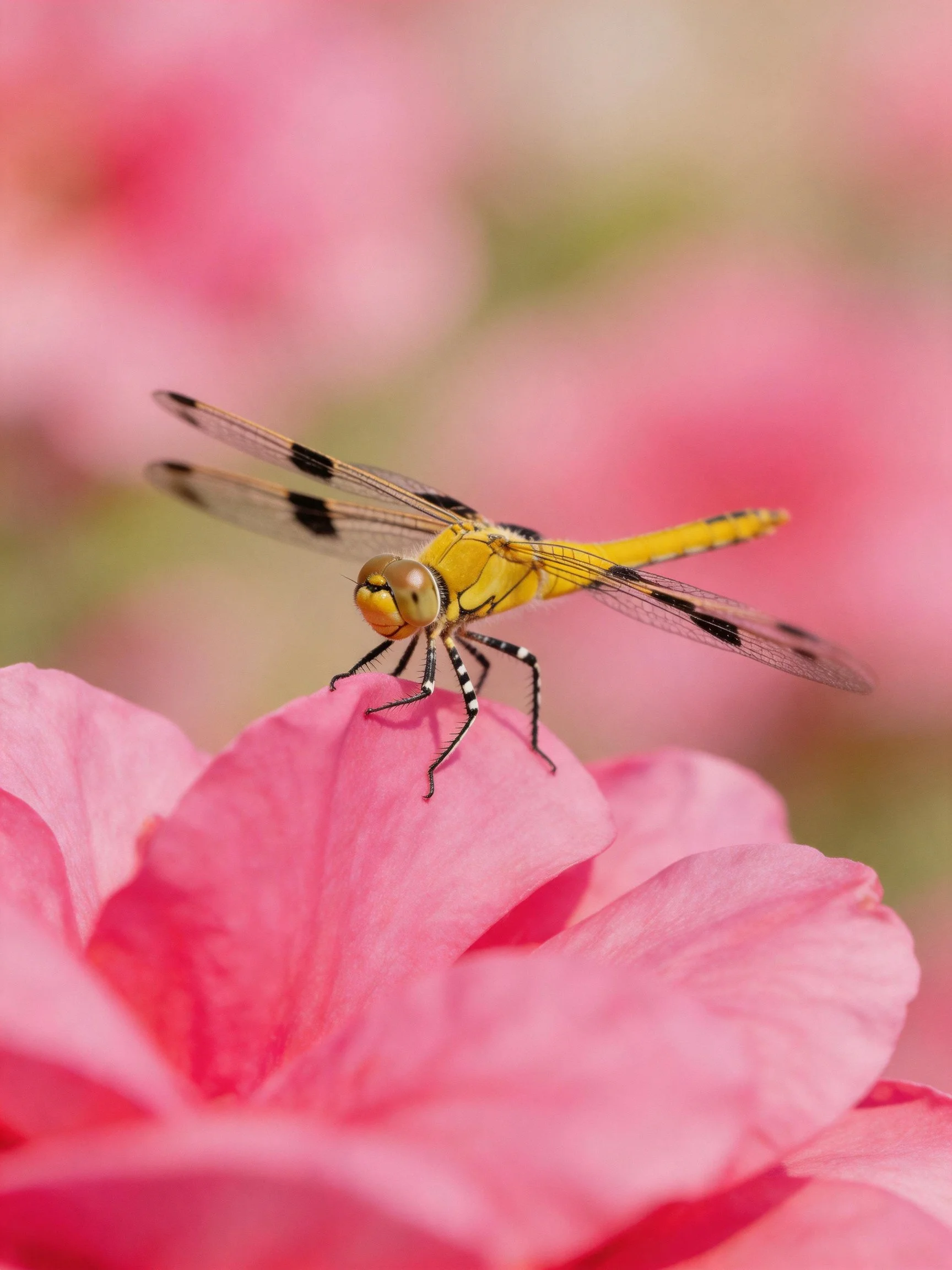 A yellow dragonfly perched on vibrant pink petals