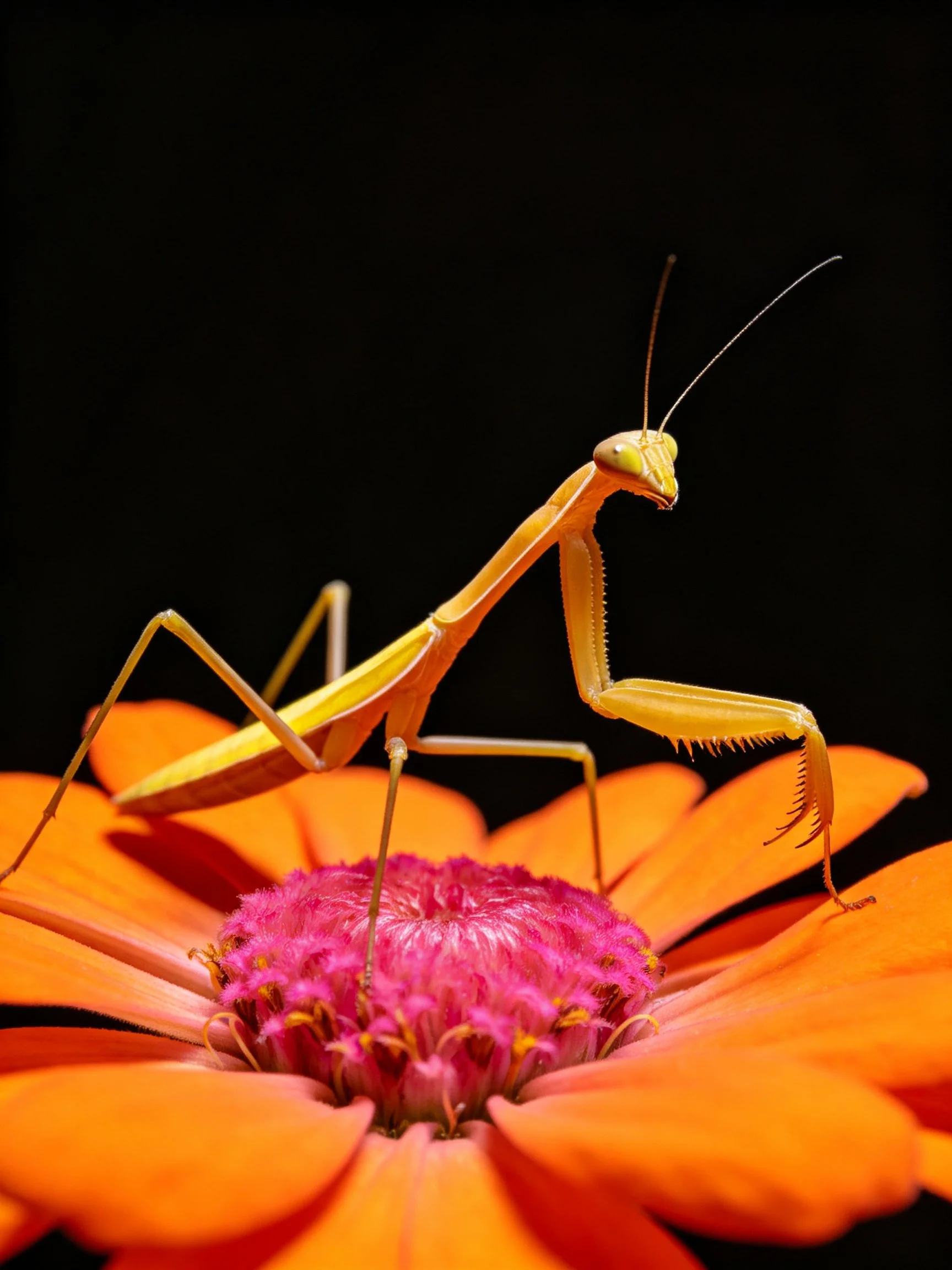 A yellow praying mantis on a vibrant orange flower with pink center