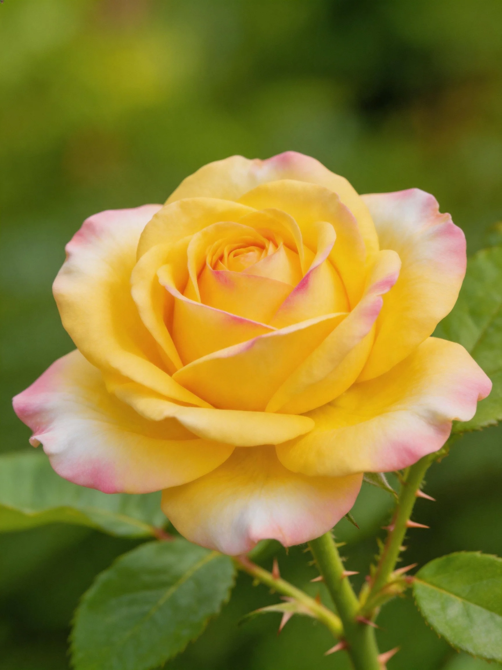 A yellow rose with pink-tipped petals and thorny stem