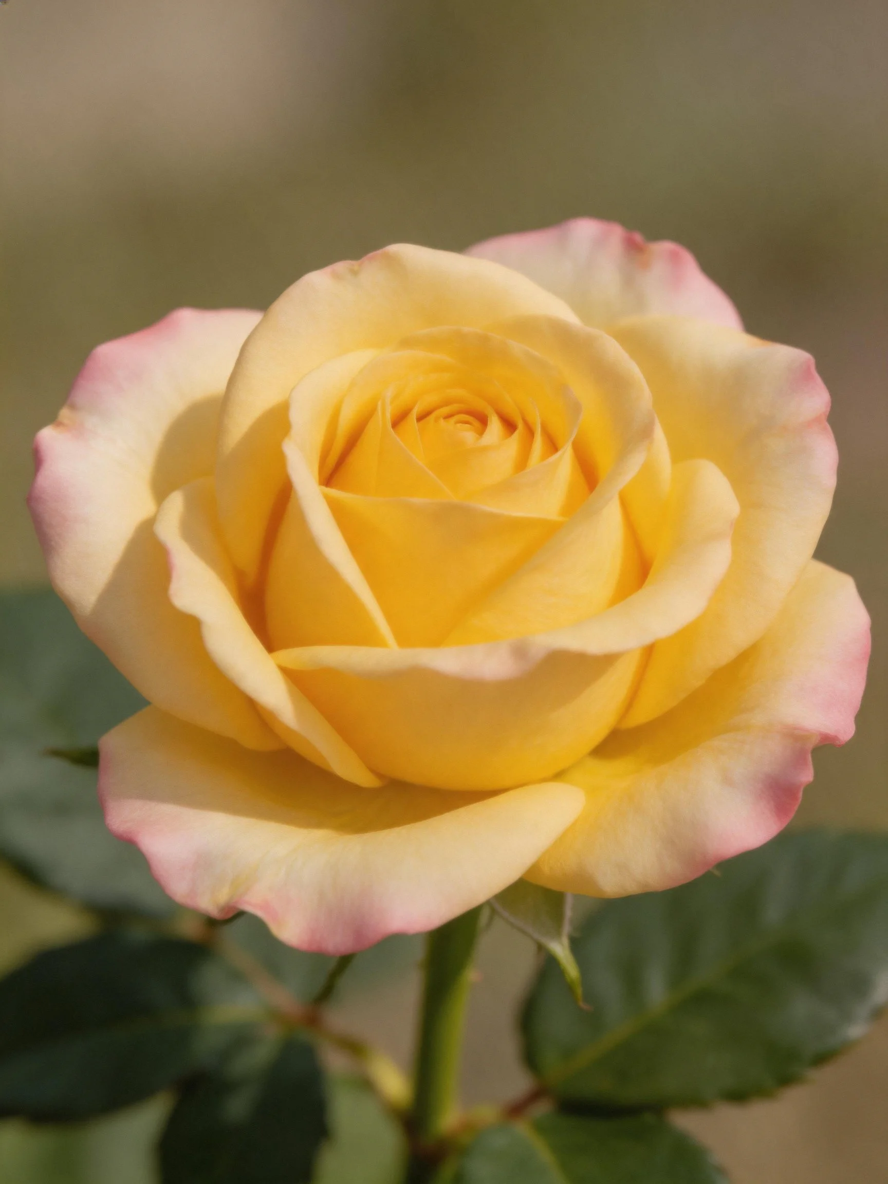 A yellow rose with pink-tipped petals beside dark green leaves