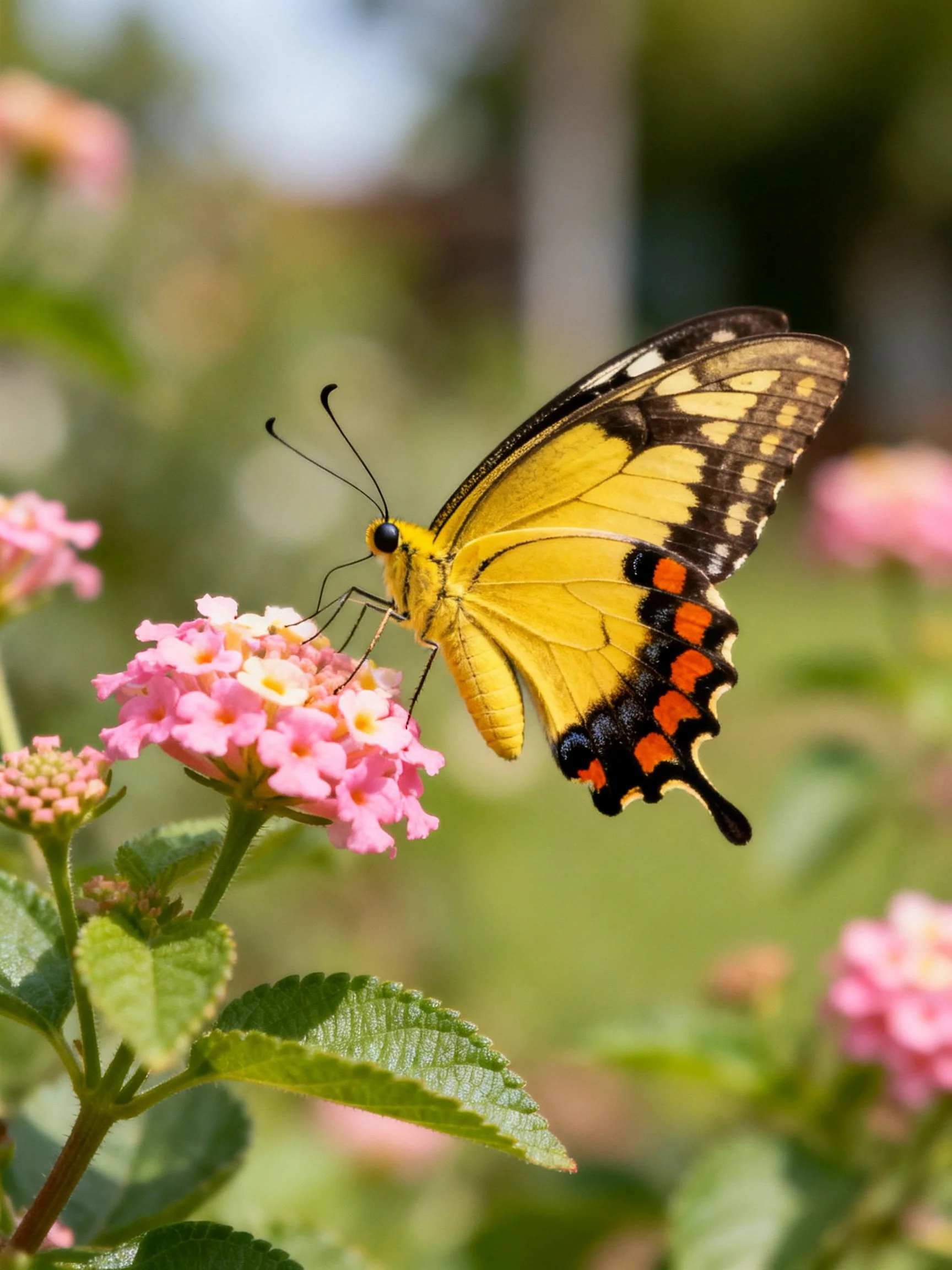A yellow swallowtail butterfly perched on pink lantana blooms