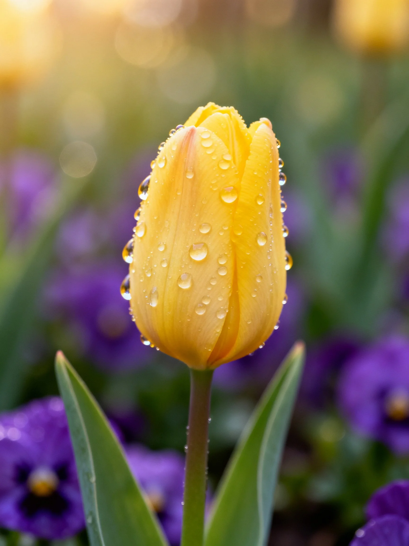 A yellow tulip with dew drops amid purple flowers
