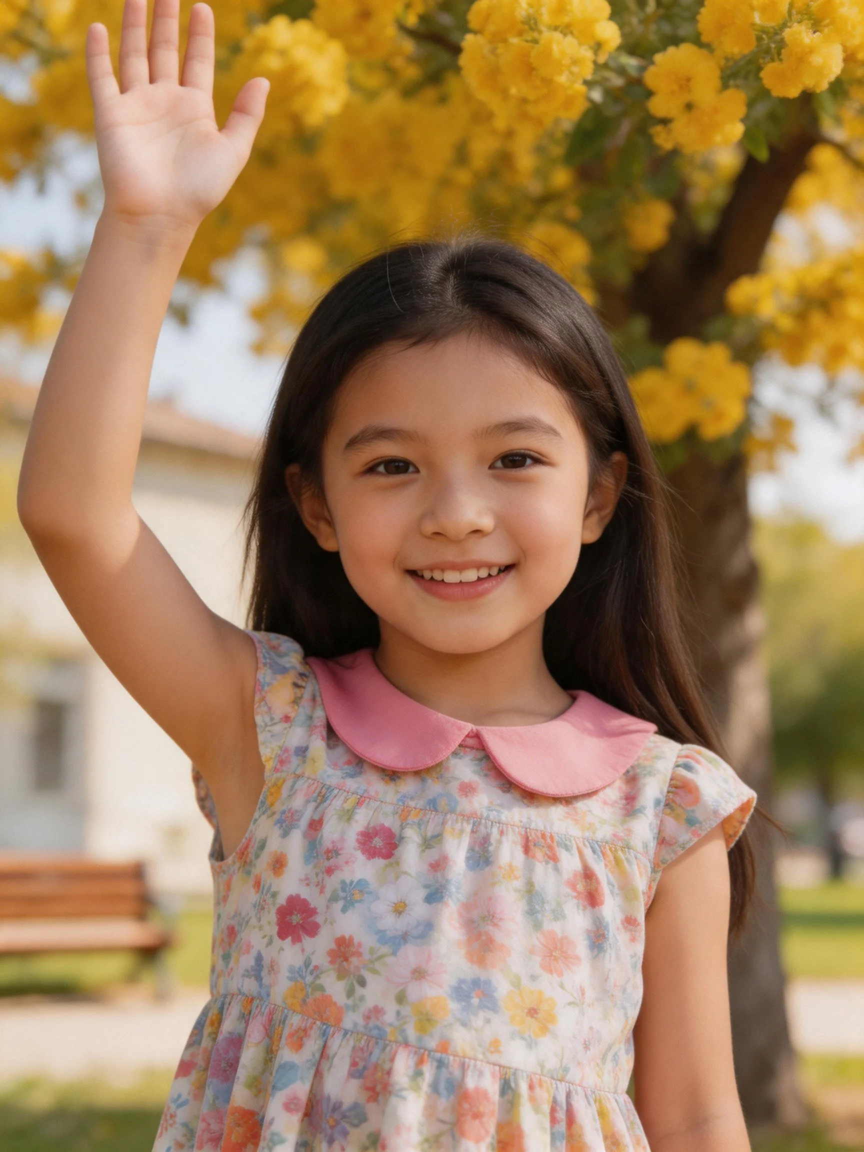 A young girl in a floral dress waves near a tree with yellow blooms