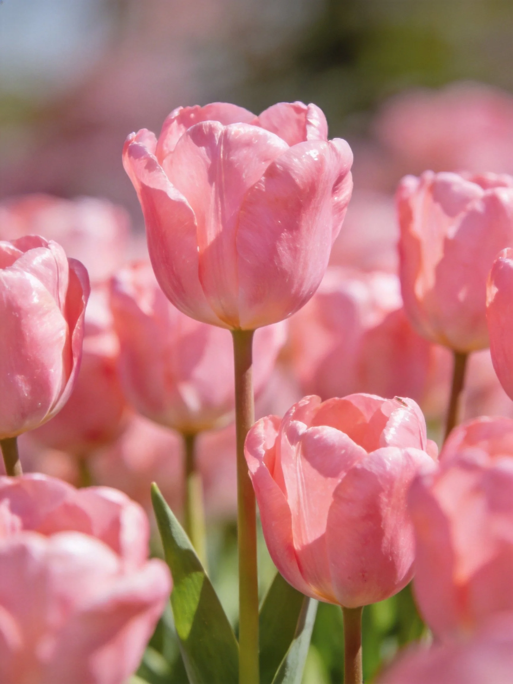 Abundant Pink Tulips Blooming in a Sunny Garden