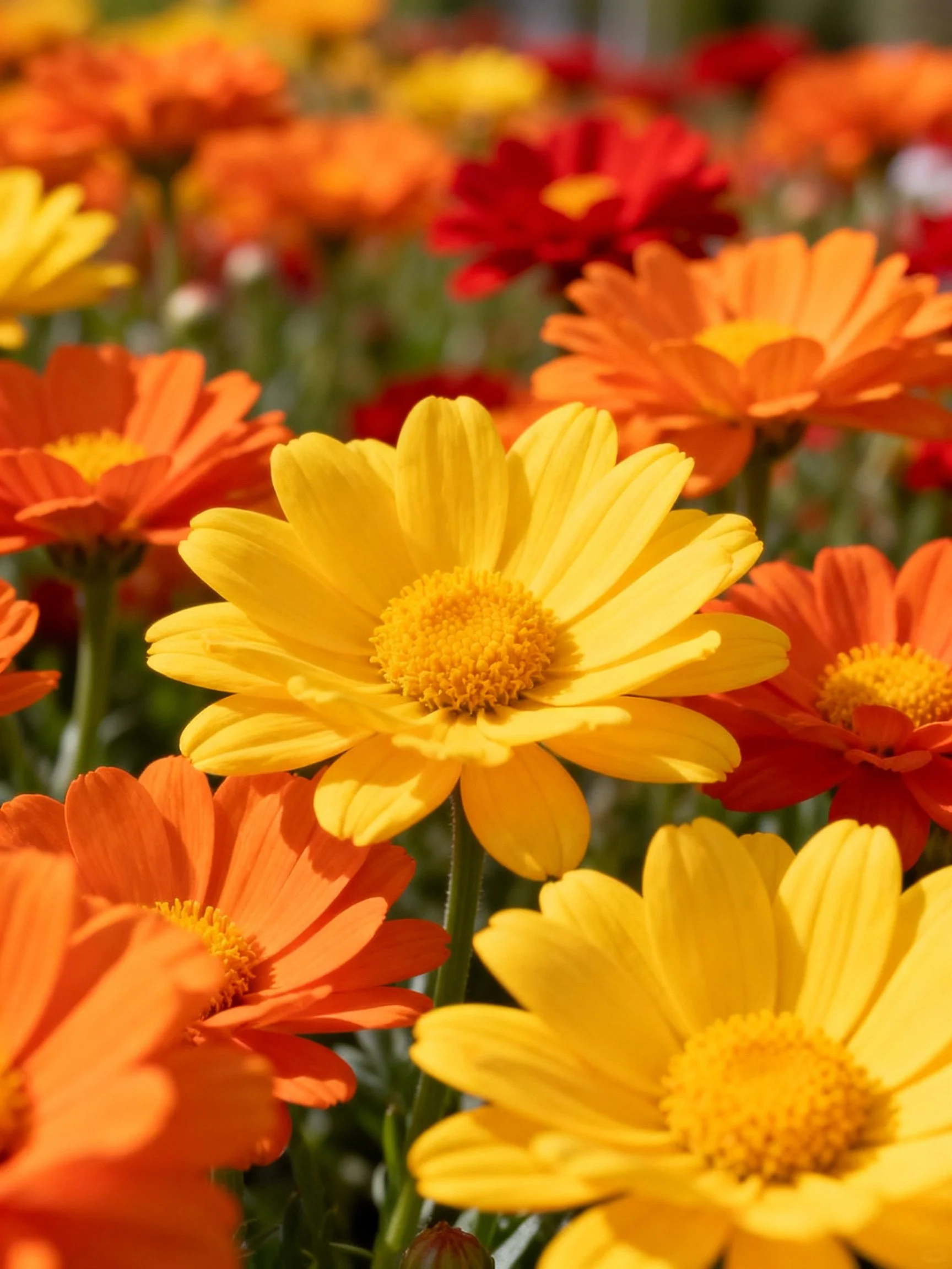 Abundant display of yellow, orange, and red flowers blooming in sunlight