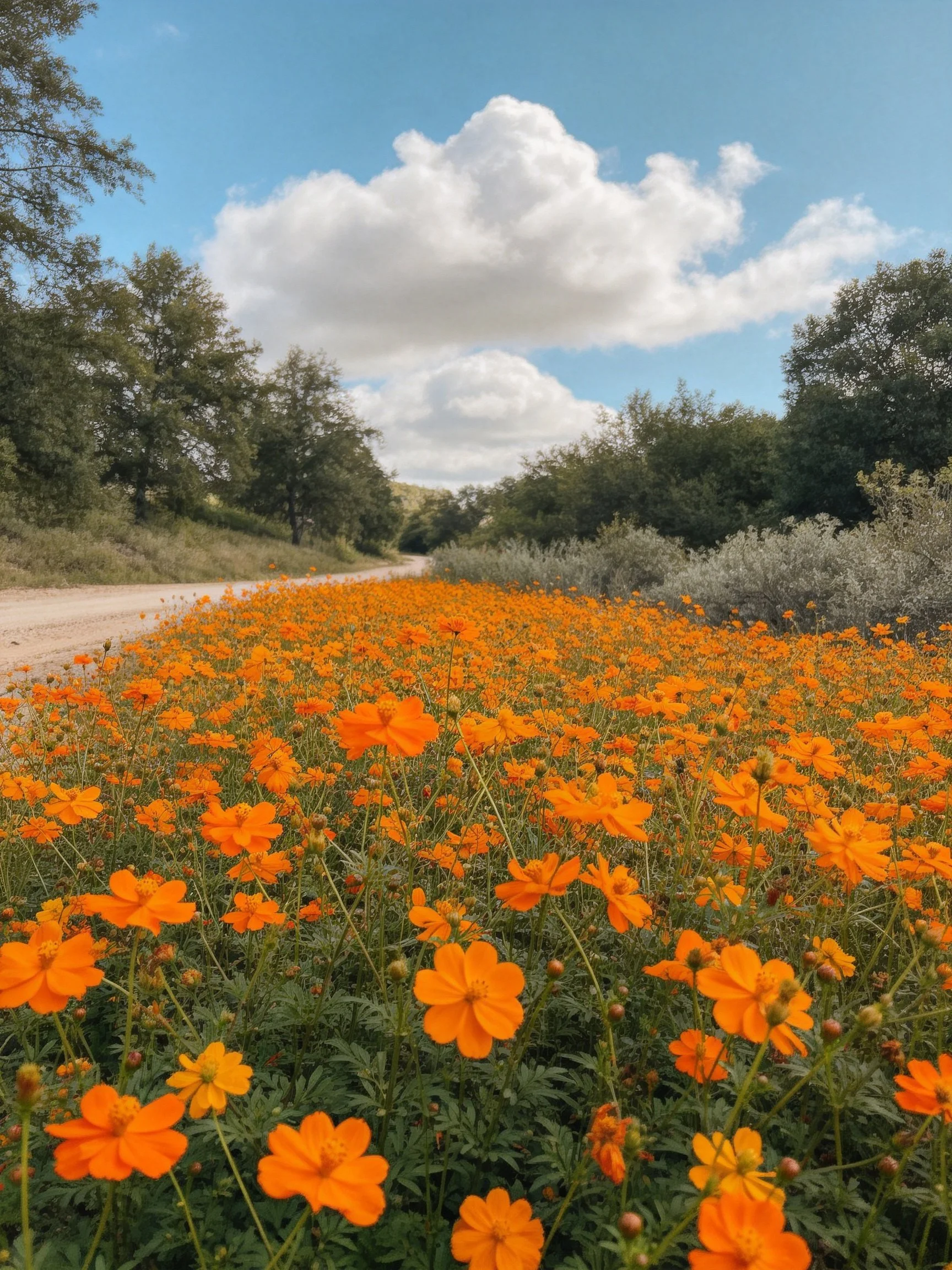 Abundant orange flower field beside a winding dirt road with trees