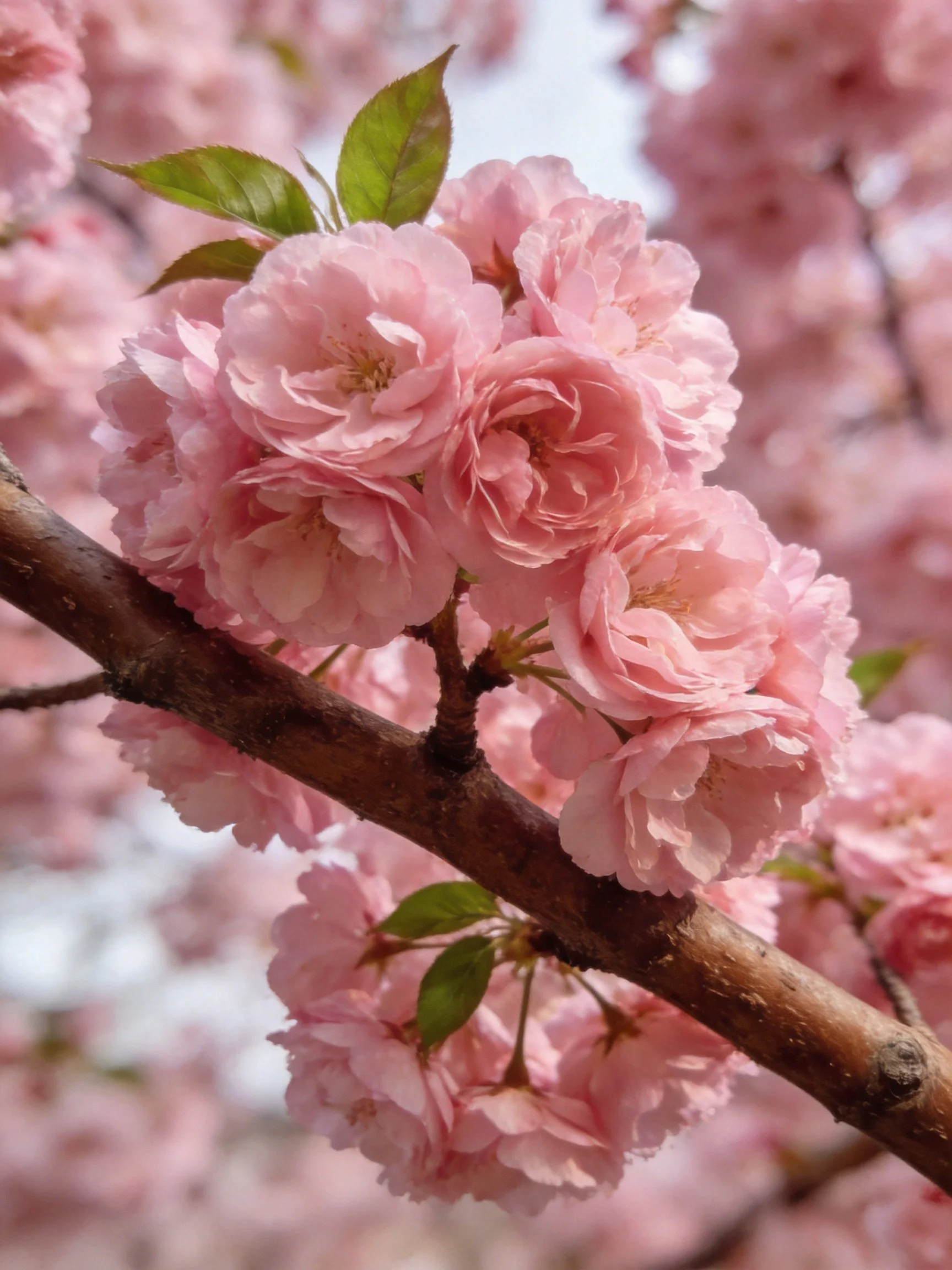 Abundant pink cherry blossoms cluster on a tree branch
