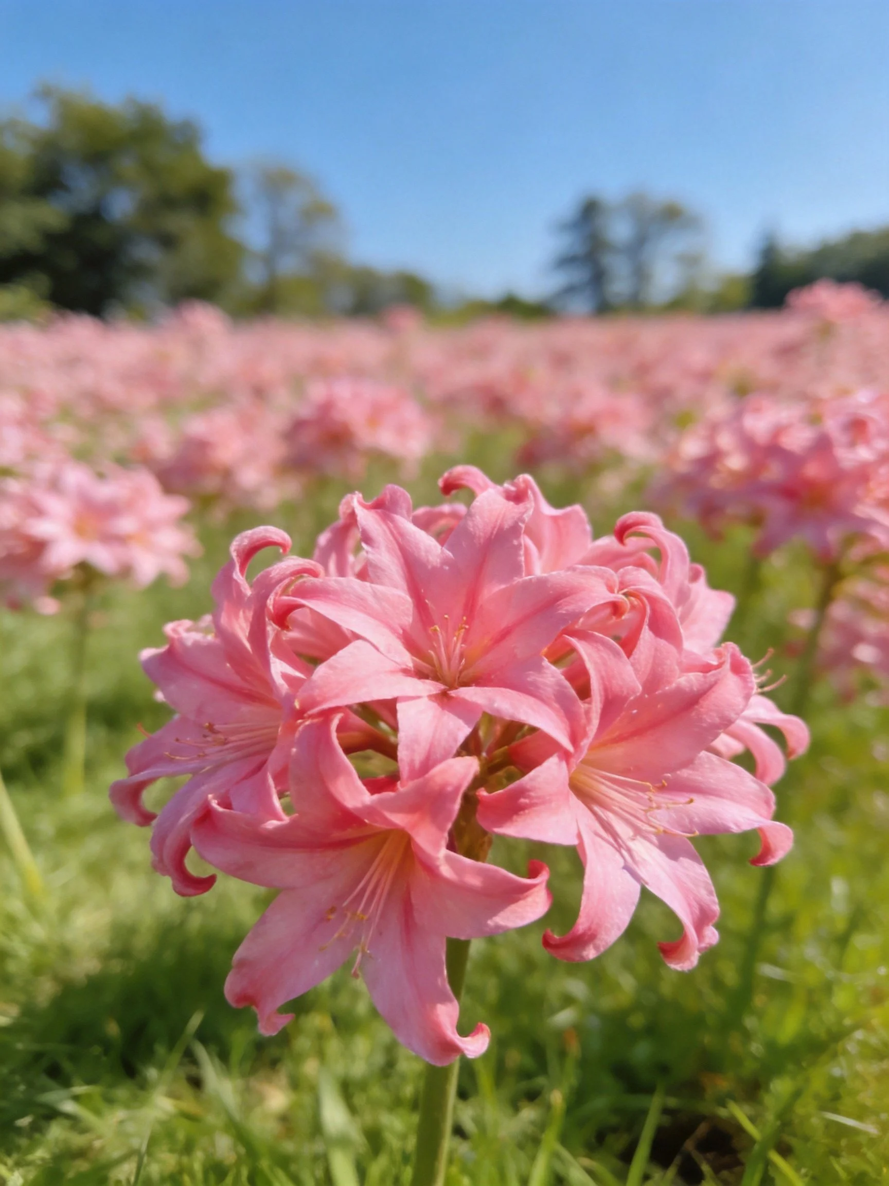 Abundant pink flowers bloom in a lush green meadow under clear blue sky