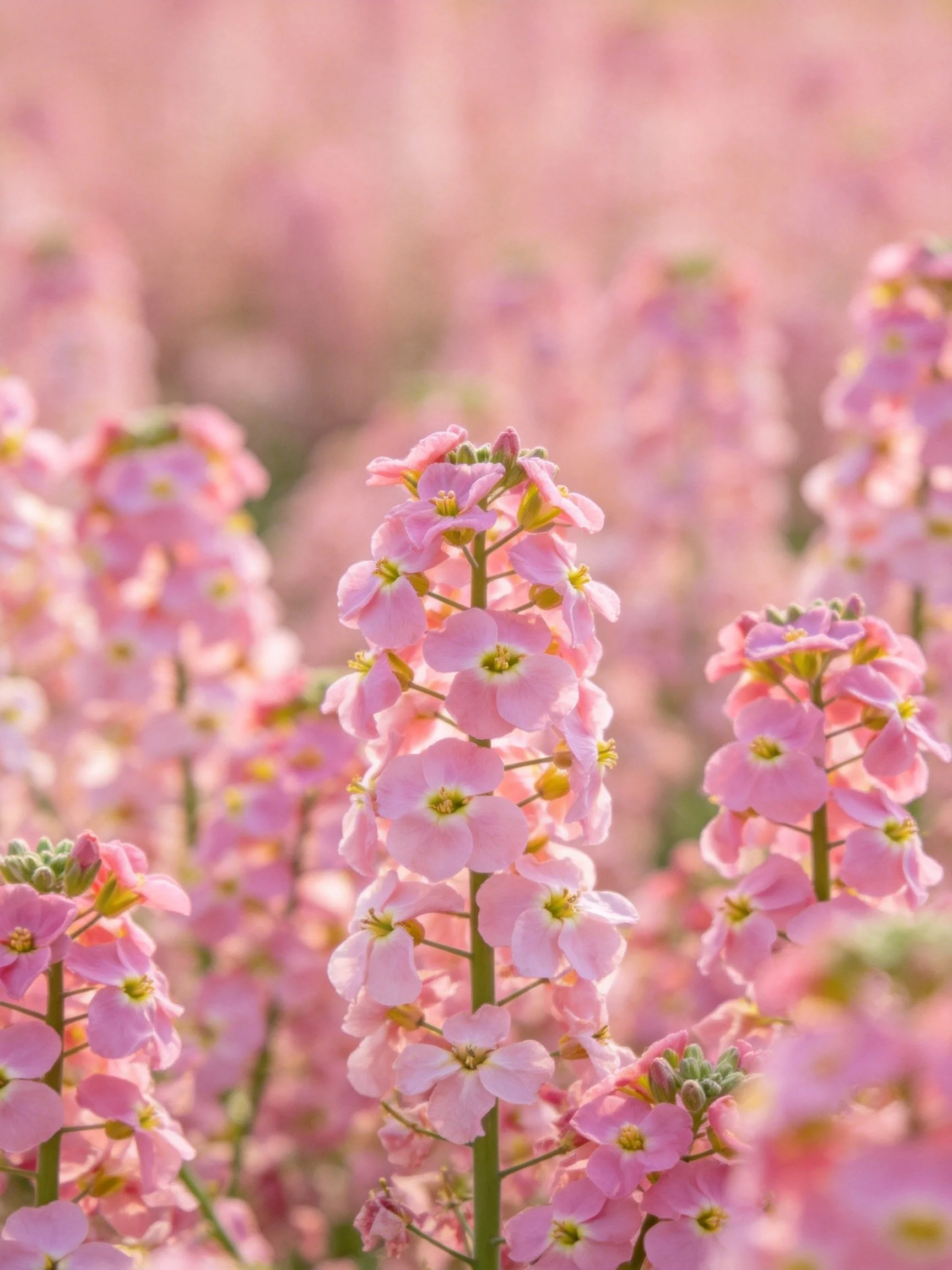Abundant pink flowers bloom in a soft-focused floral expanse