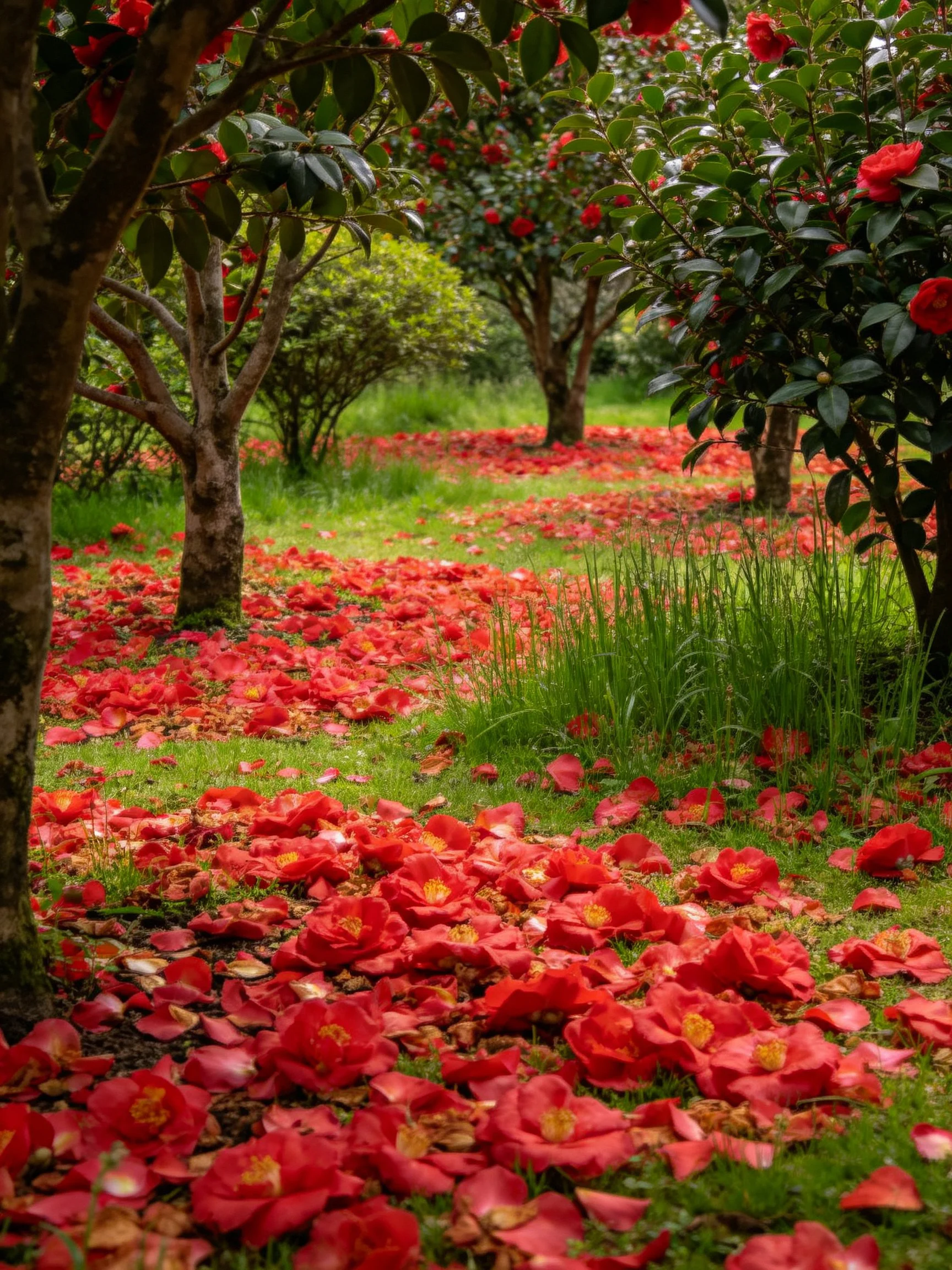 Abundant red flower petals fill garden with leafy trees