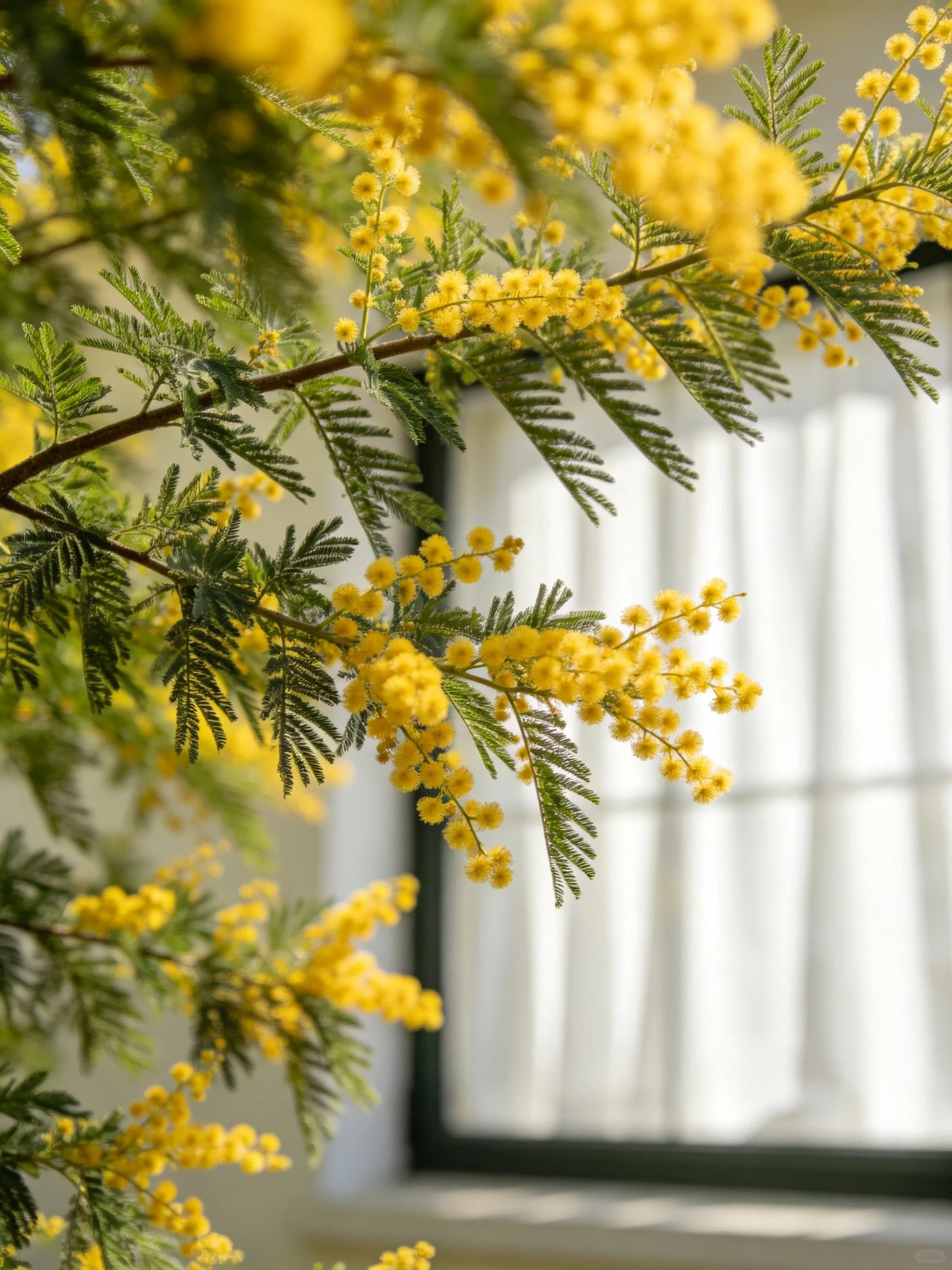 Abundant yellow mimosa flowers with green foliage near a bright window