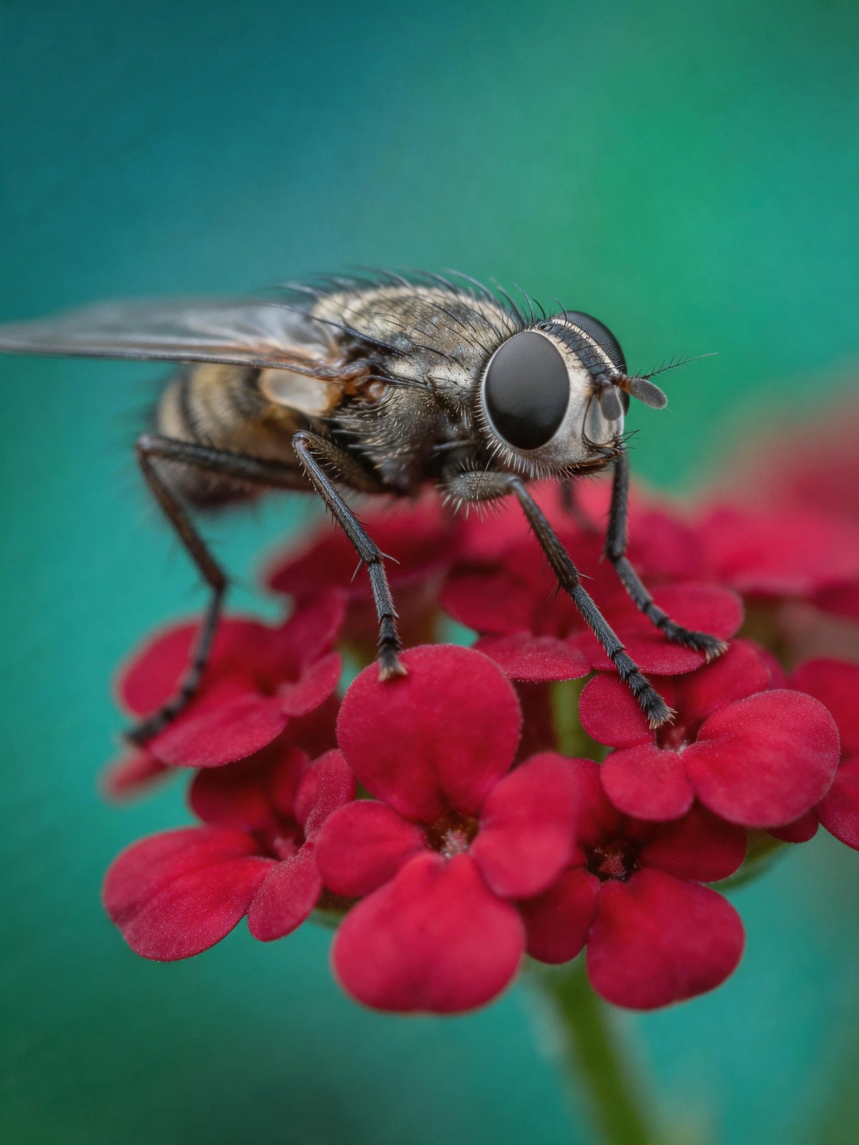 Aclose - up of a fly on vibrant red flowers