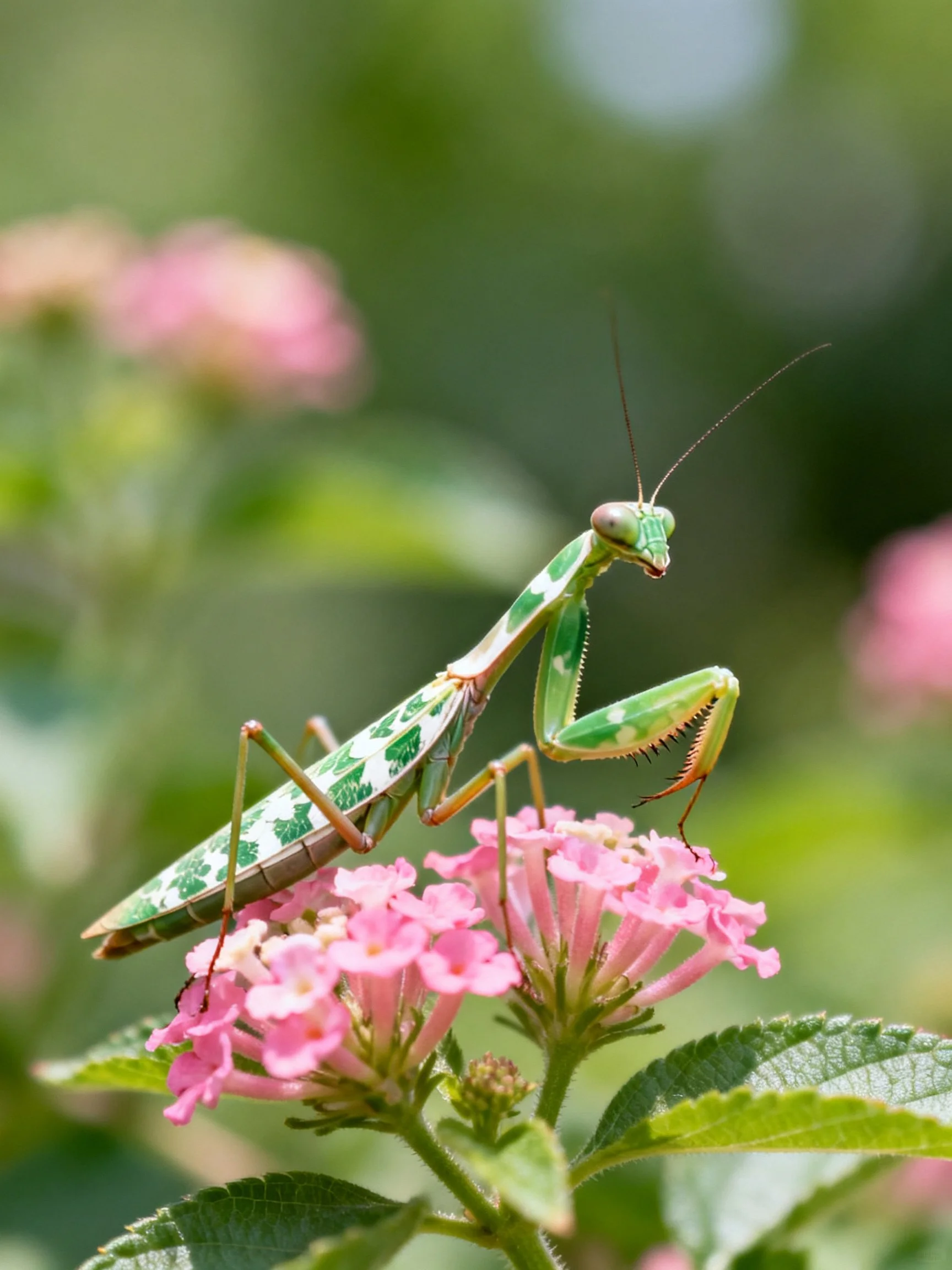 Agreen praying mantis perched on vibrant pink flowers
