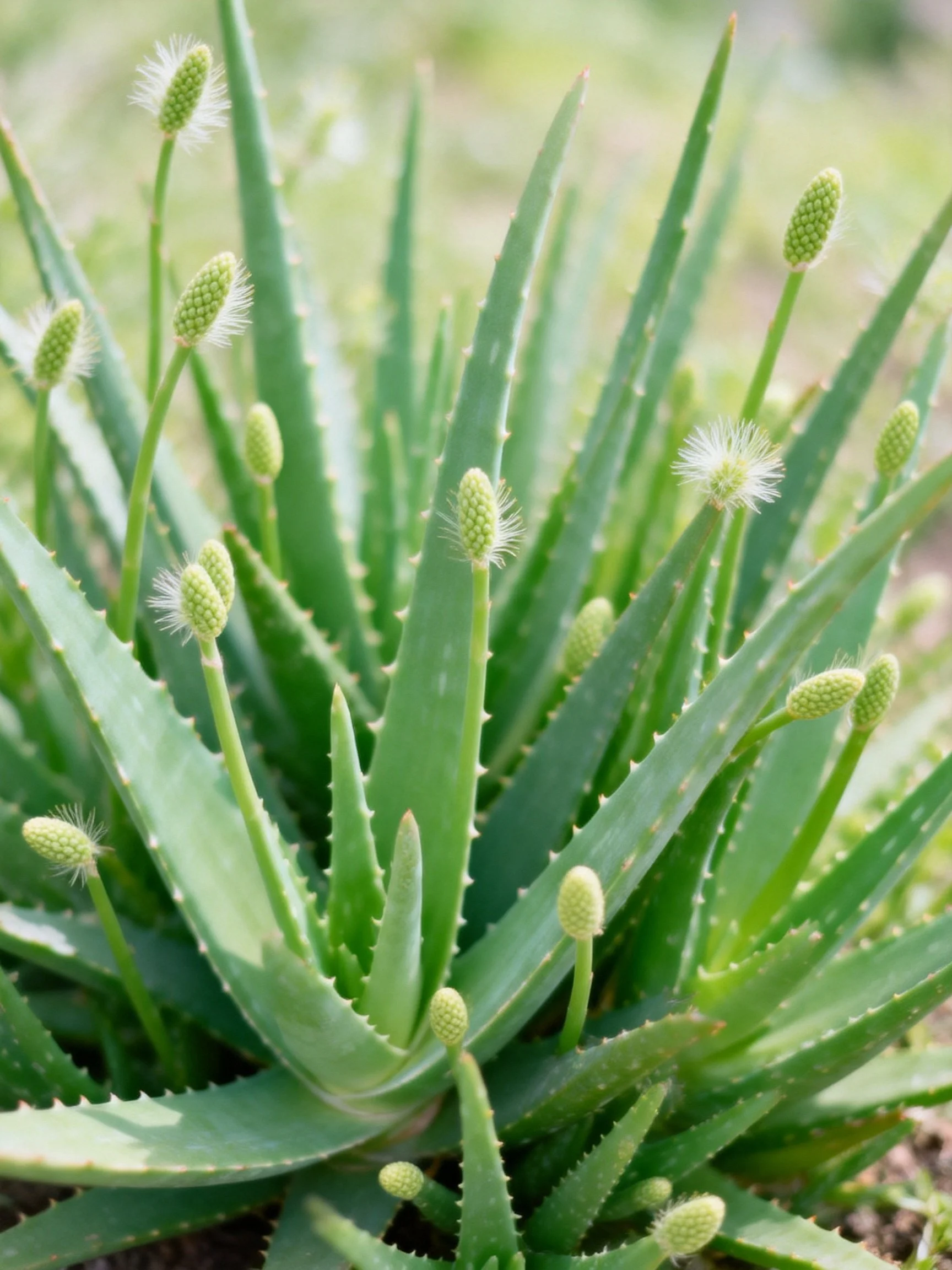 Aloes with multiple green flower buds and spiky leaves