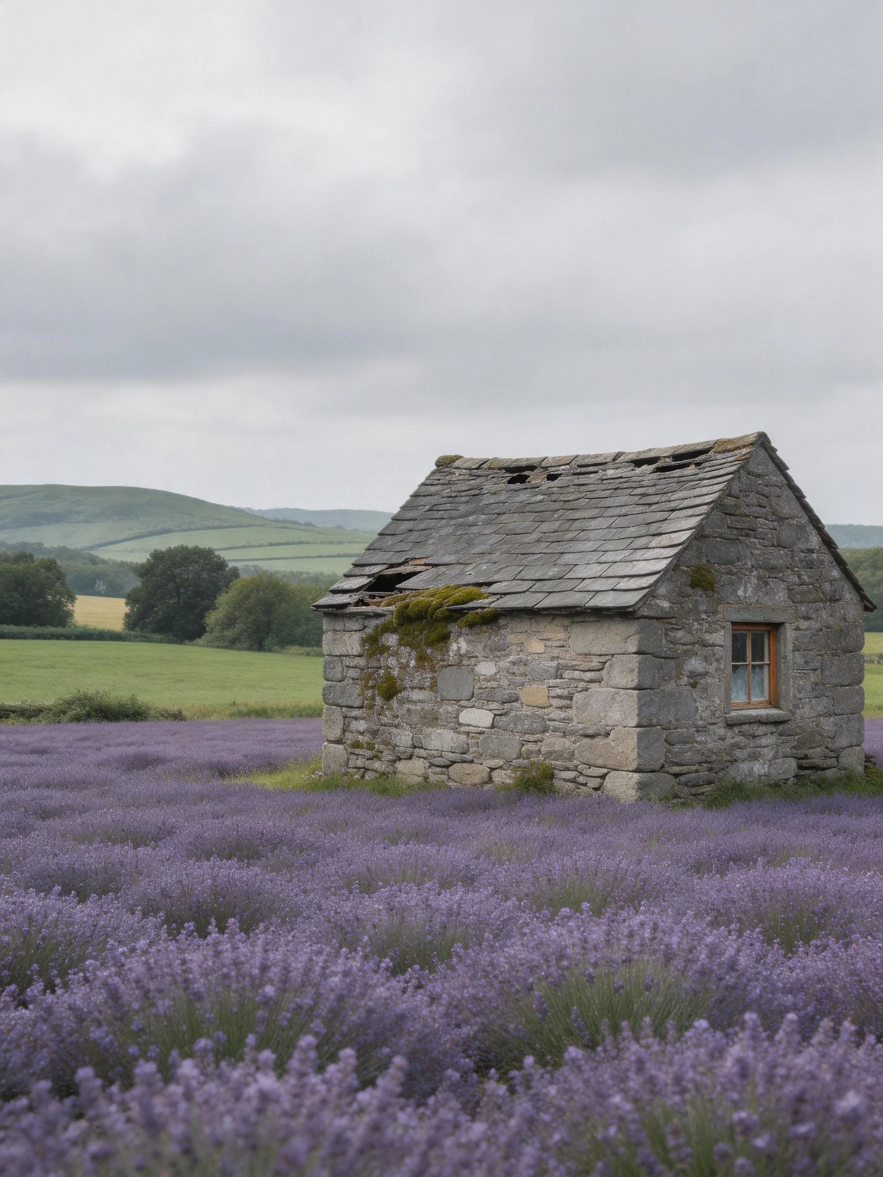 An aged stone cottage amid blooming lavender fields under an overcast sky
