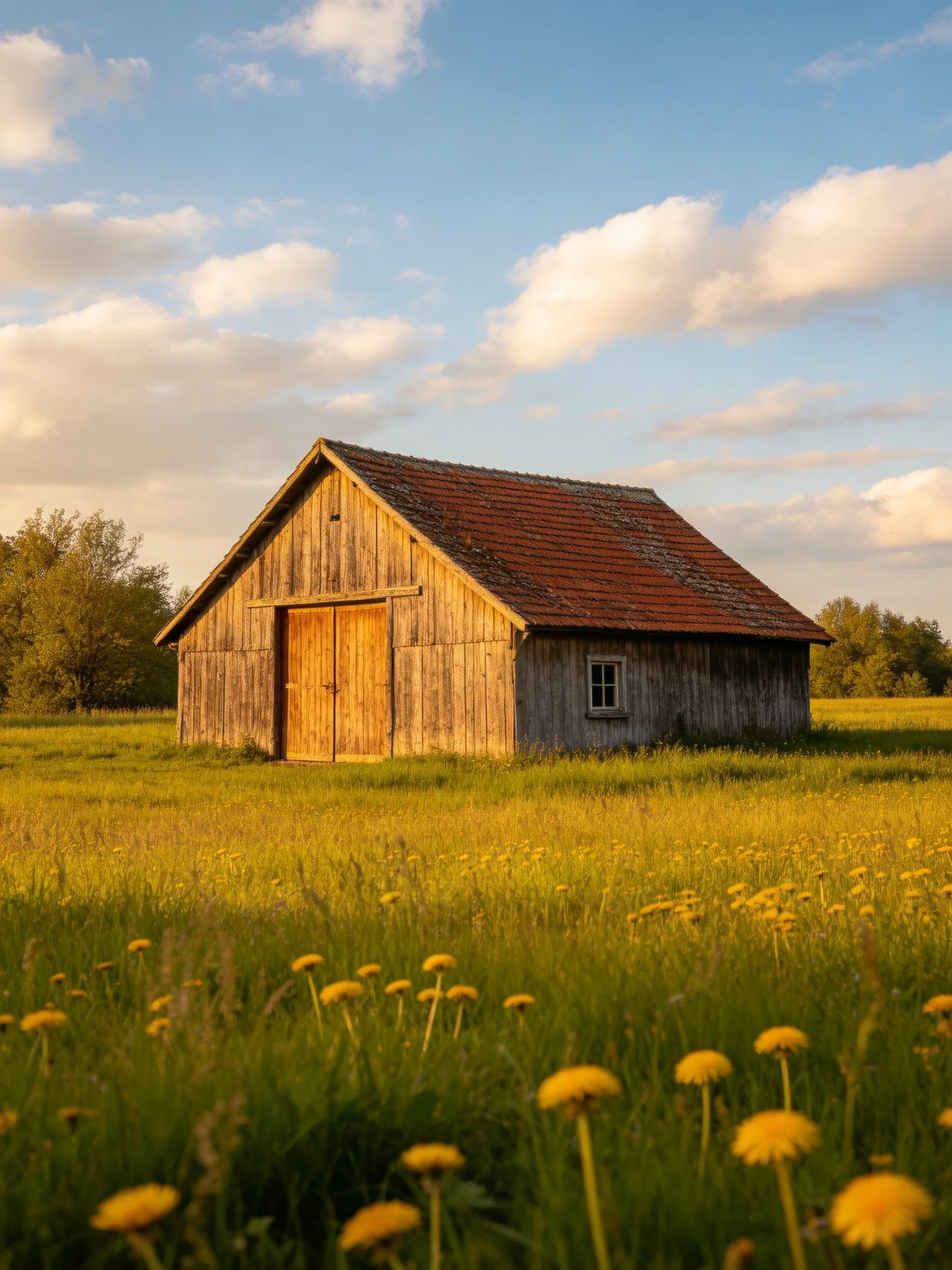 An aged wooden barn in a golden wildflower meadow under blue sky