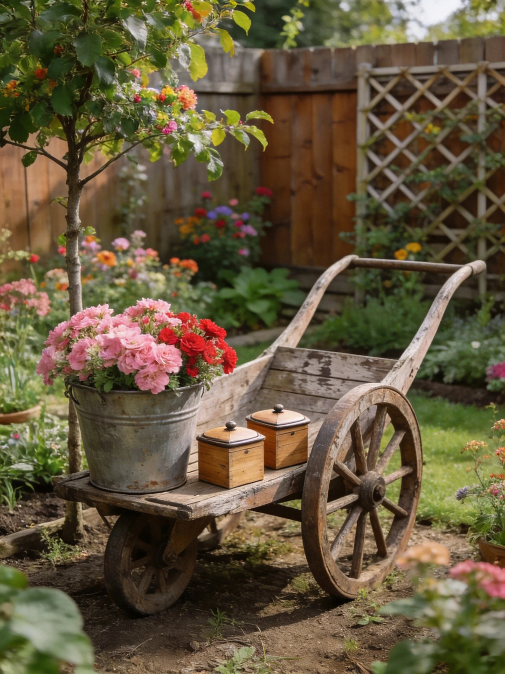 An aged wooden wheelbarrow holds pink and red flowers with two small boxes