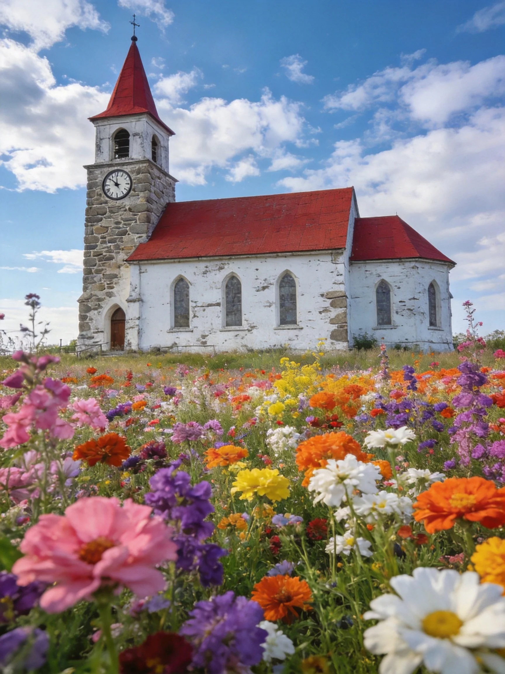 An old stone church with red roofs amid colorful wildflowers