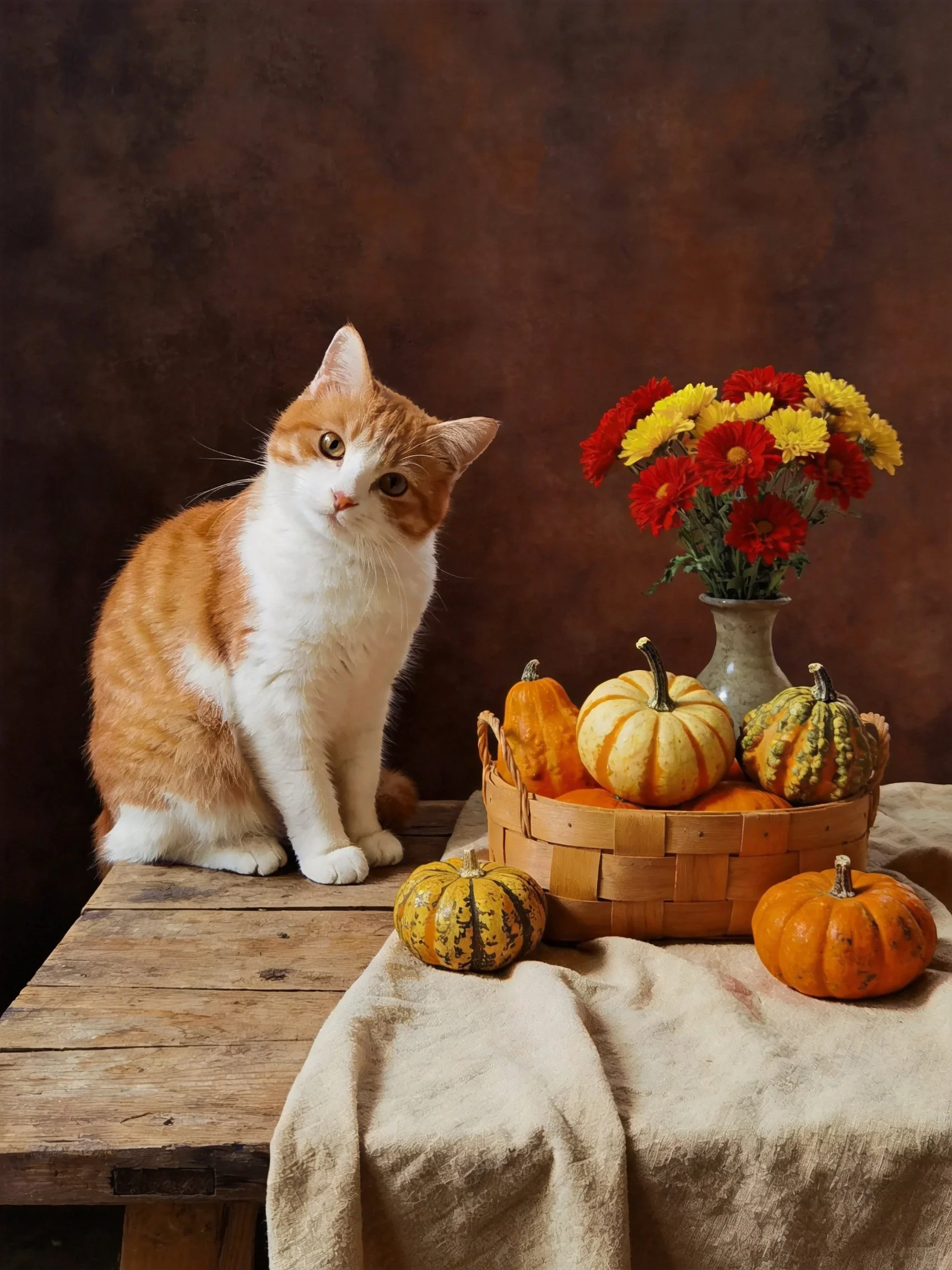 An orange and white cat sits beside a basket of gourds and colorful flowers
