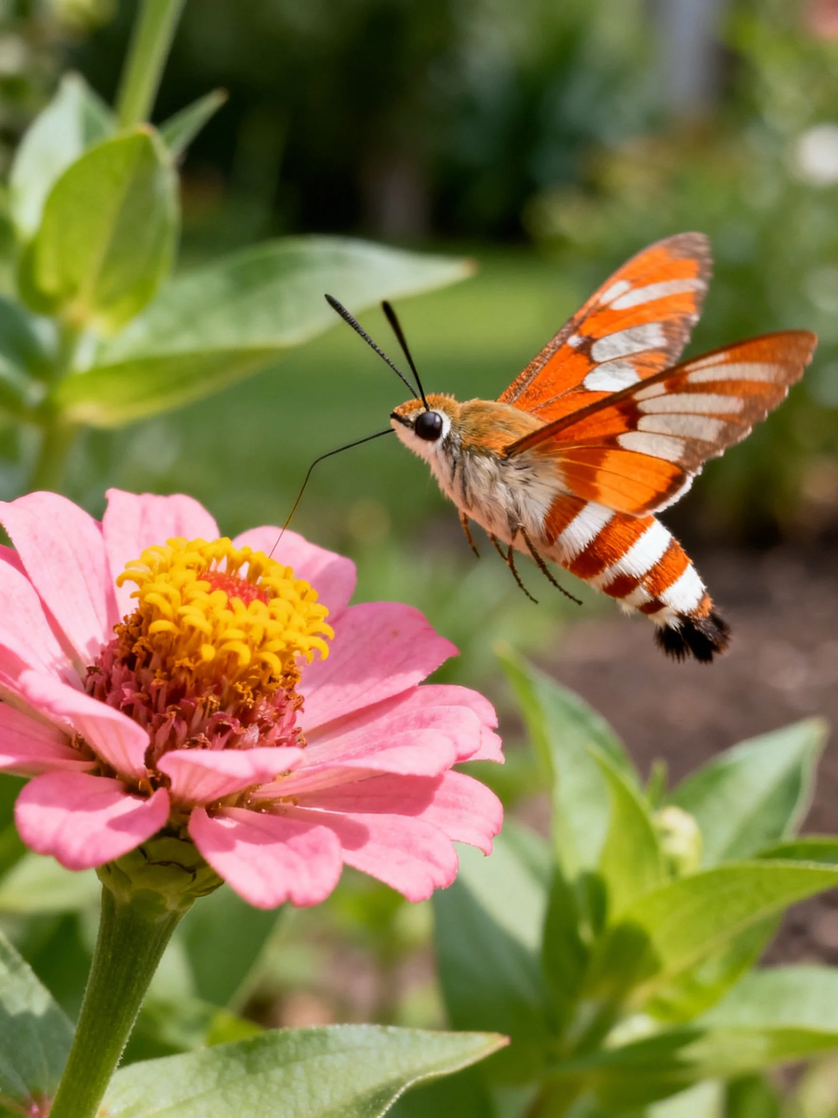An orange and white moth hovers near a pink zinnia flower