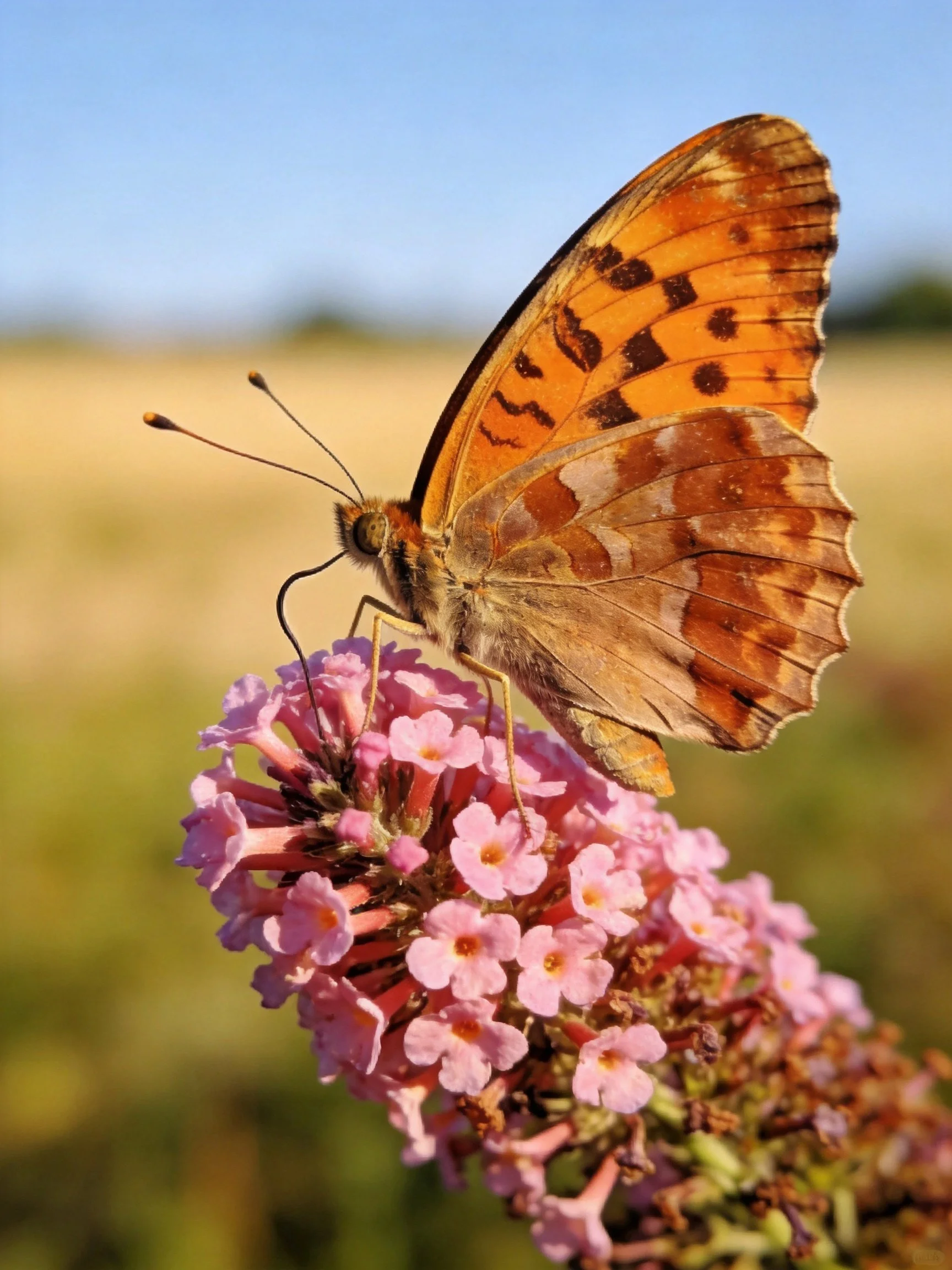 An orange-brown butterfly perches on pink clustered flowers in a sunny field