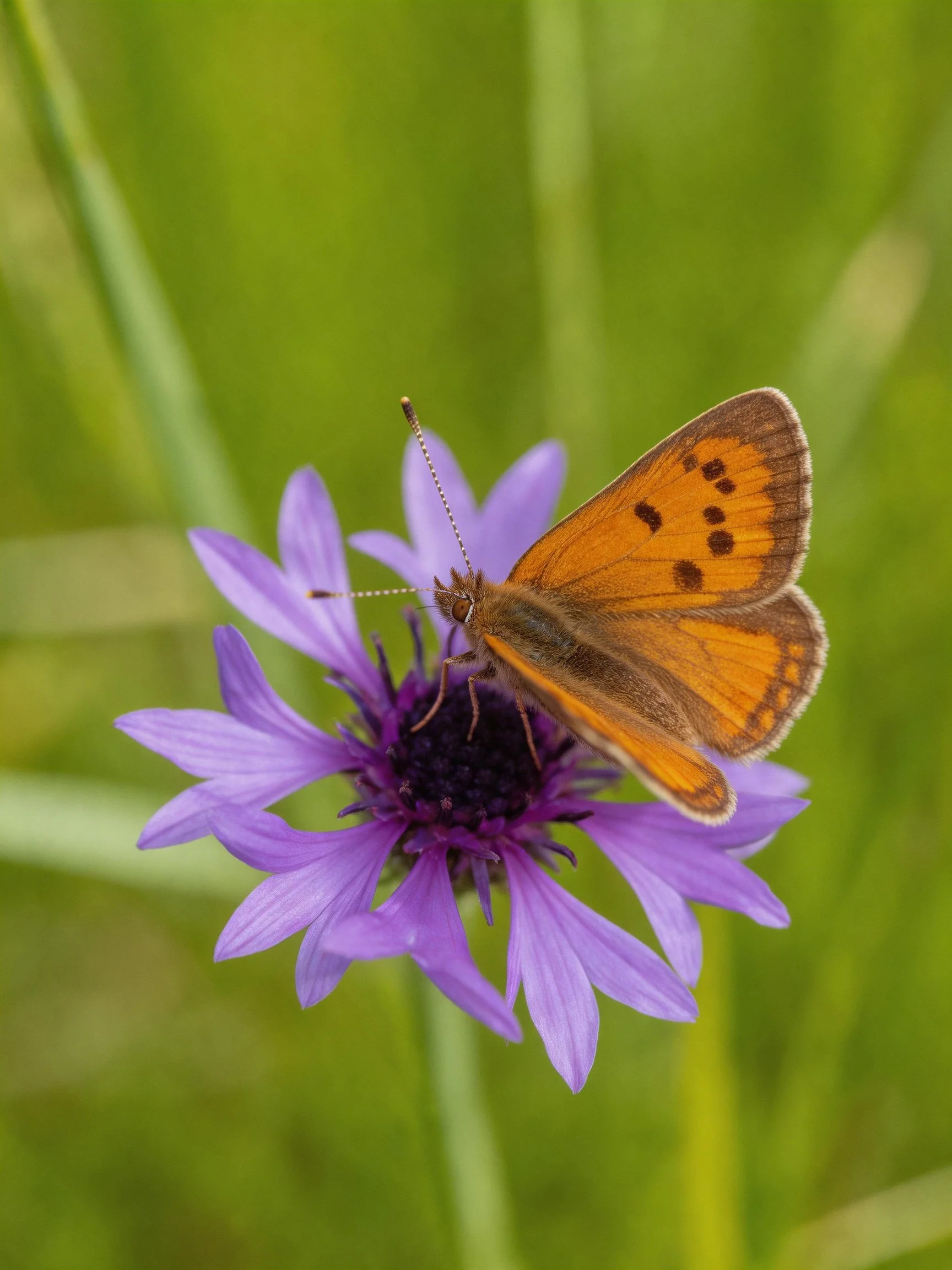 An orange butterfly perched on a vibrant purple flower