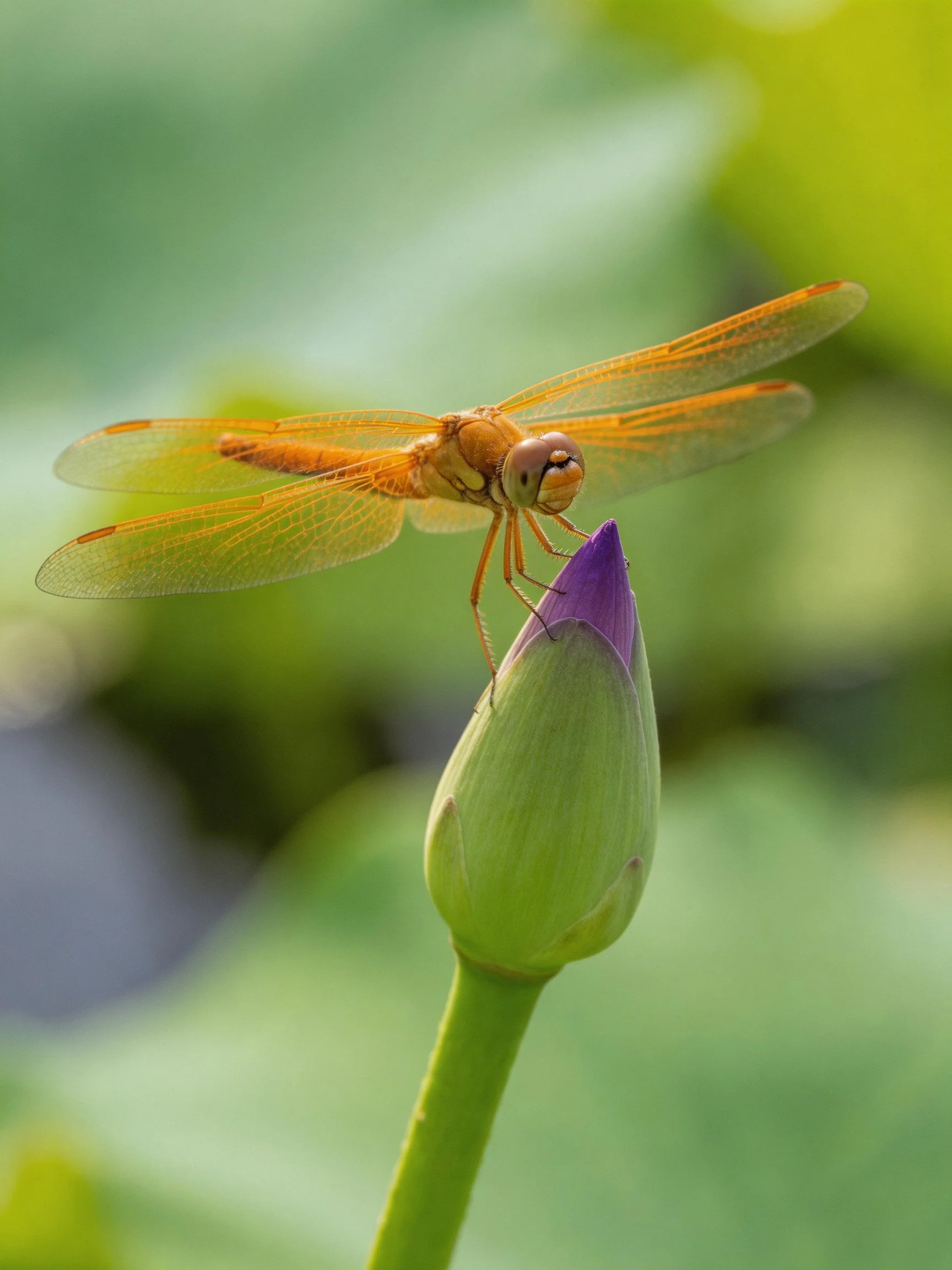 An orange dragonfly perched on a purple-tipped flower bud